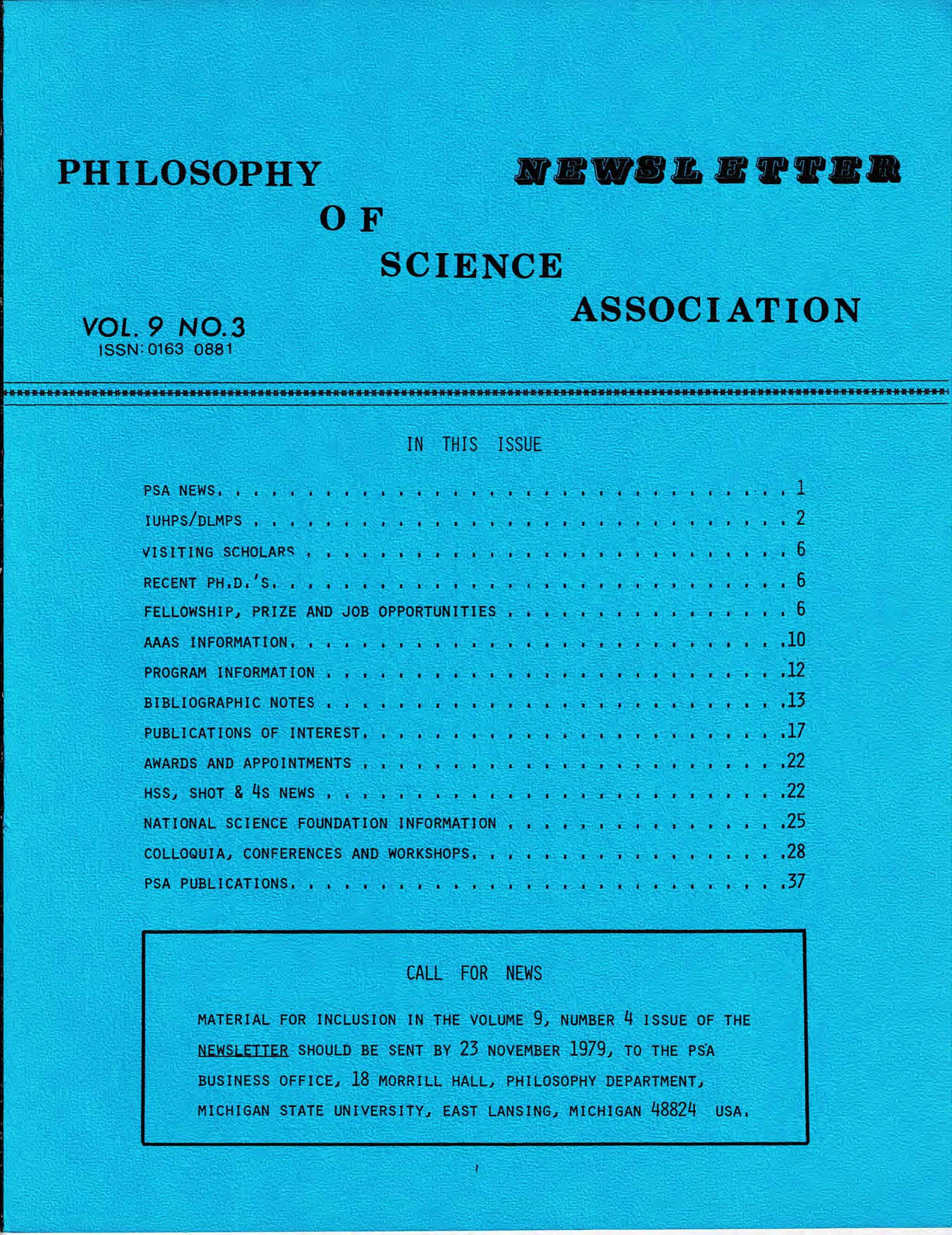 Cover PSA Newsletter Vol. 9 No. 3 with table of contents and page numbers