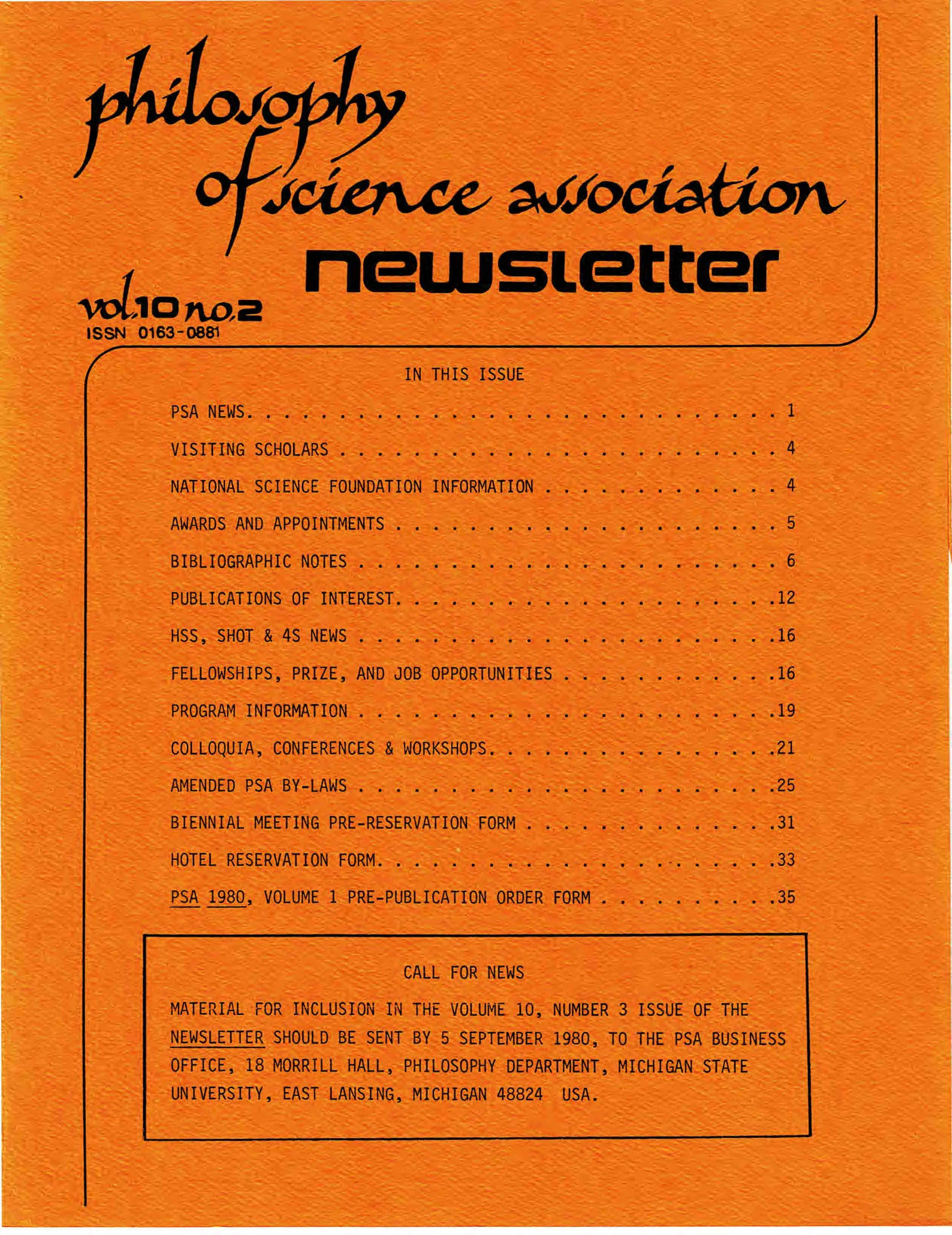 Cover PSA Newsletter Vol. 10, No. 2 with table of contents and page numbers