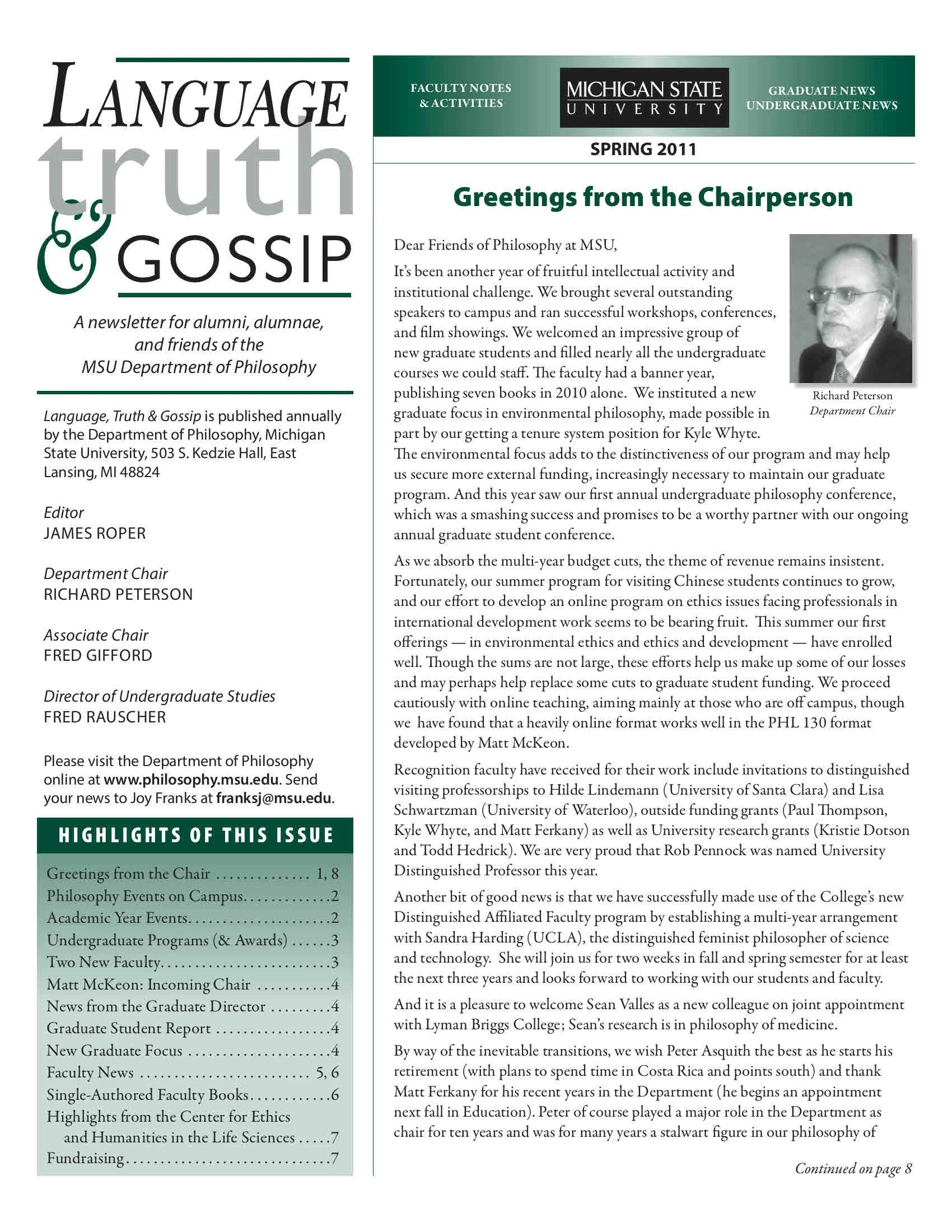 2011 Spring MSU Philosophy Department Newsletter  titled 'Language, Truth & Gossip.'
