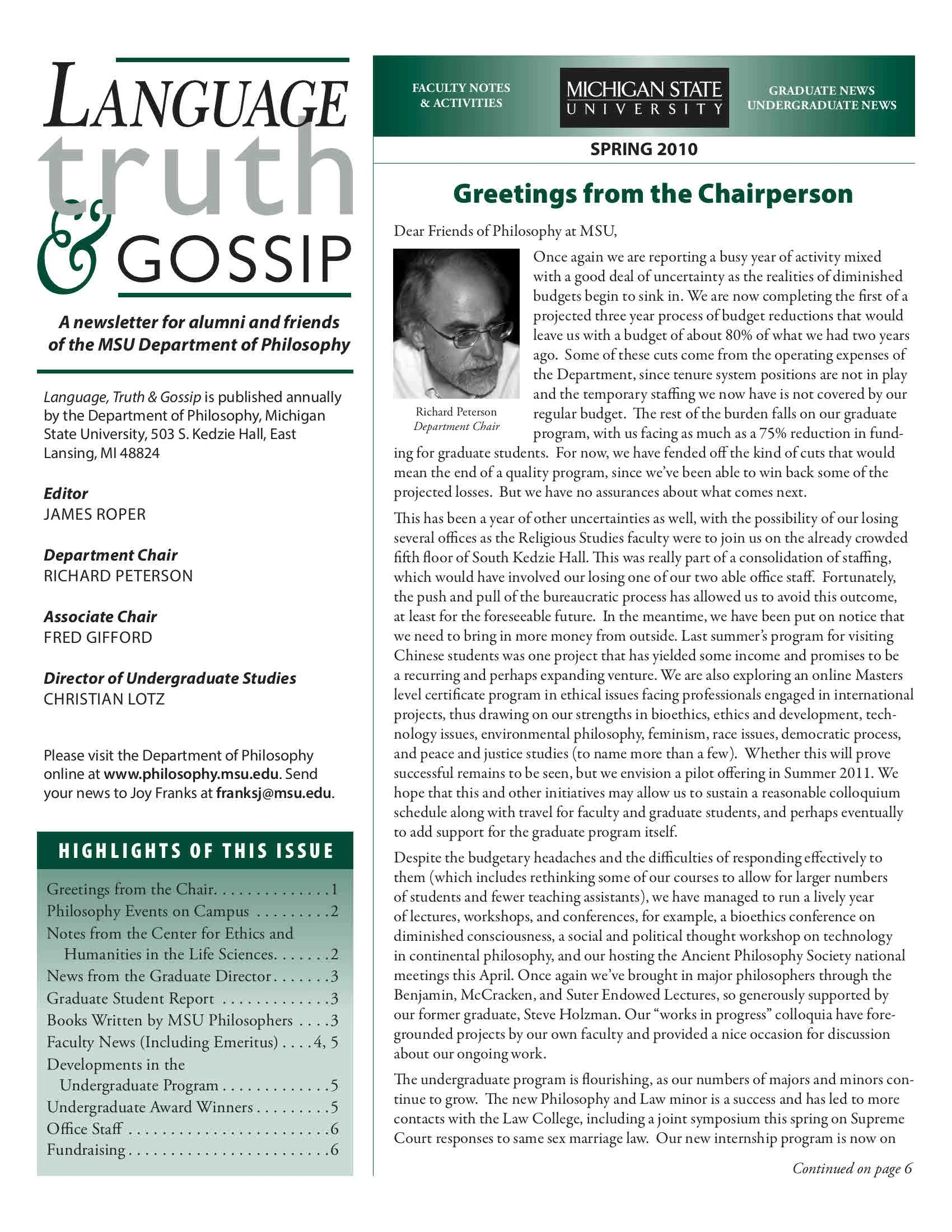 2010 Spring MSU Philosophy Department Newsletter titled "Language, Truth & Gossip."