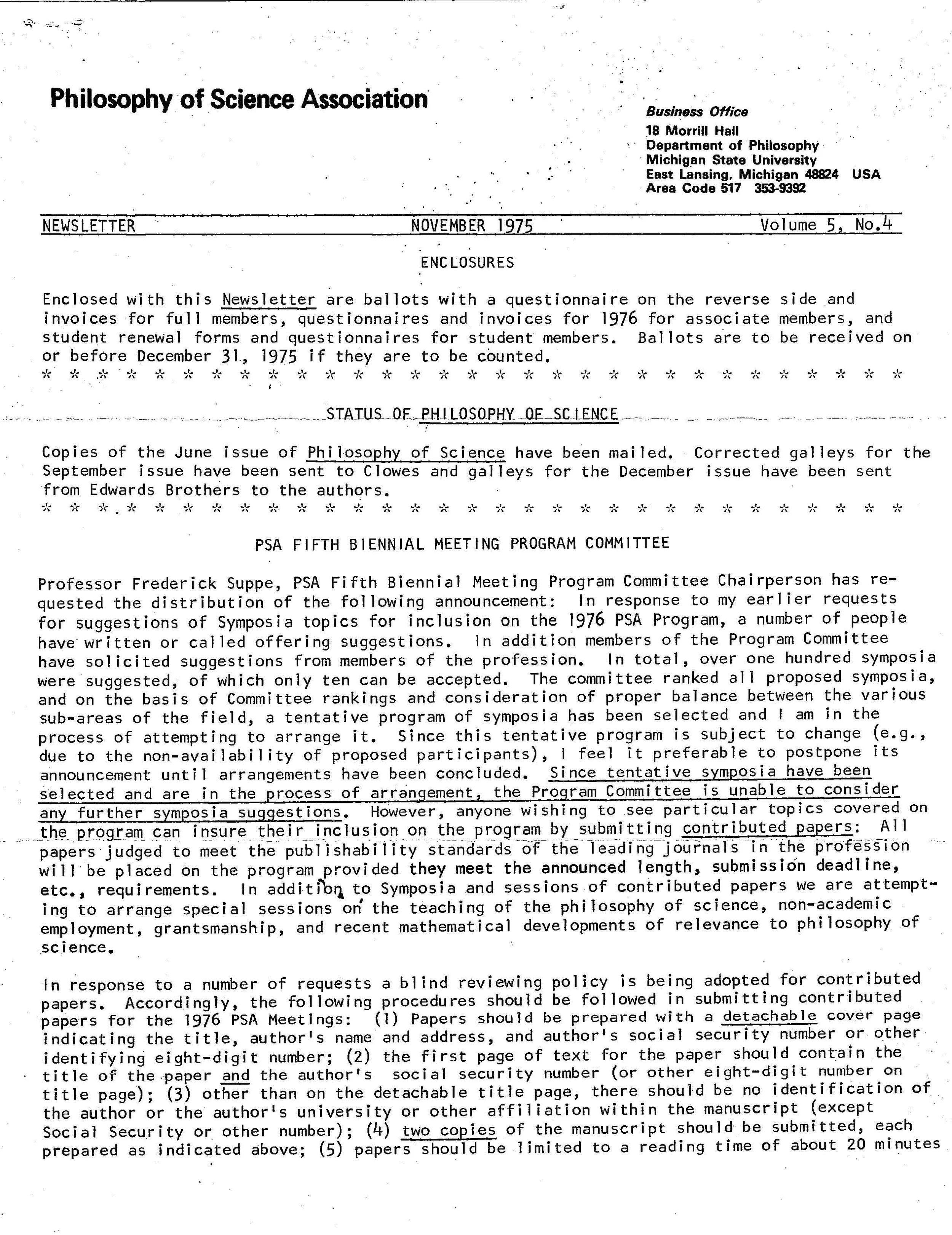 Front page PSA Newsletter, November 1975, Vol. 5, No. 4
