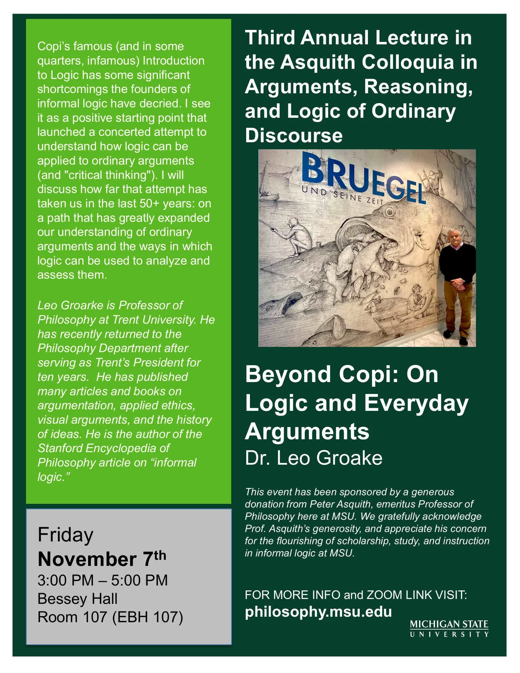 Flyer for a lecture event titled "Beyond Copi: On Logic and Everyday Arguments" by  Leo Groarke, taking place at Michigan State University, with a mention of sponsors and a website link for more information.