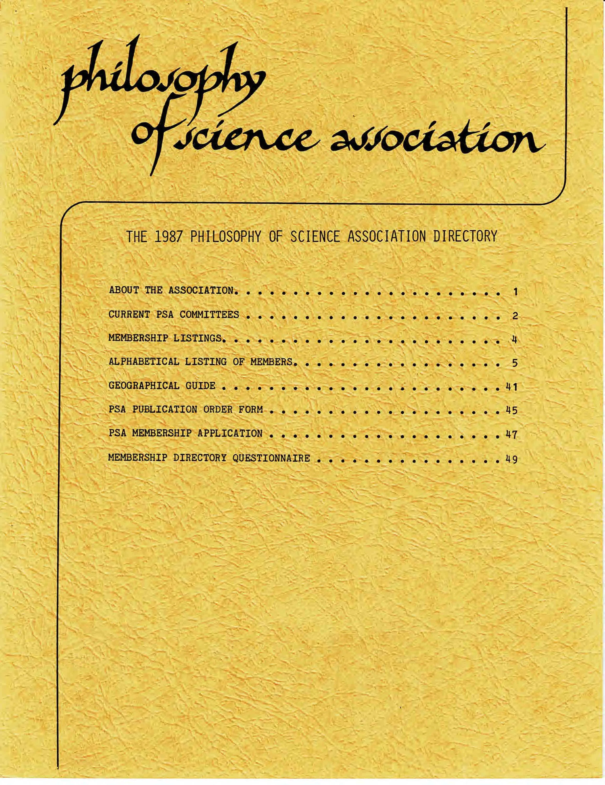 The cover of the 1987 Philosophy of Science Association Directory with a textured yellow background, black handwritten-style text, and a black border.