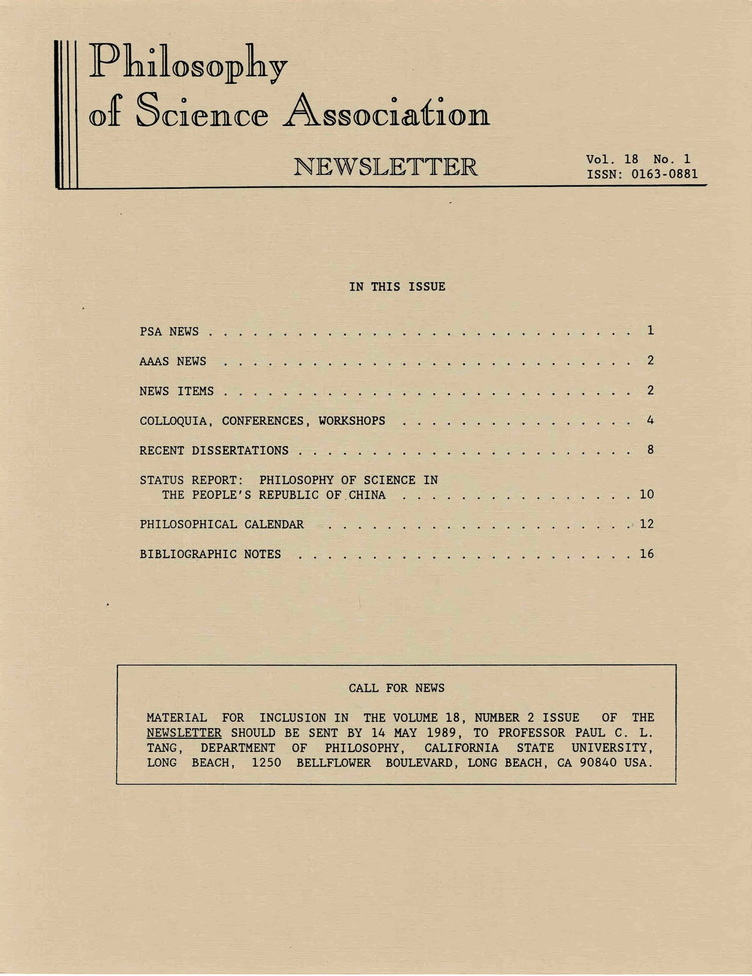 Cover PSA Newsletter Vol.18 No.1 with table of contents and page numbers