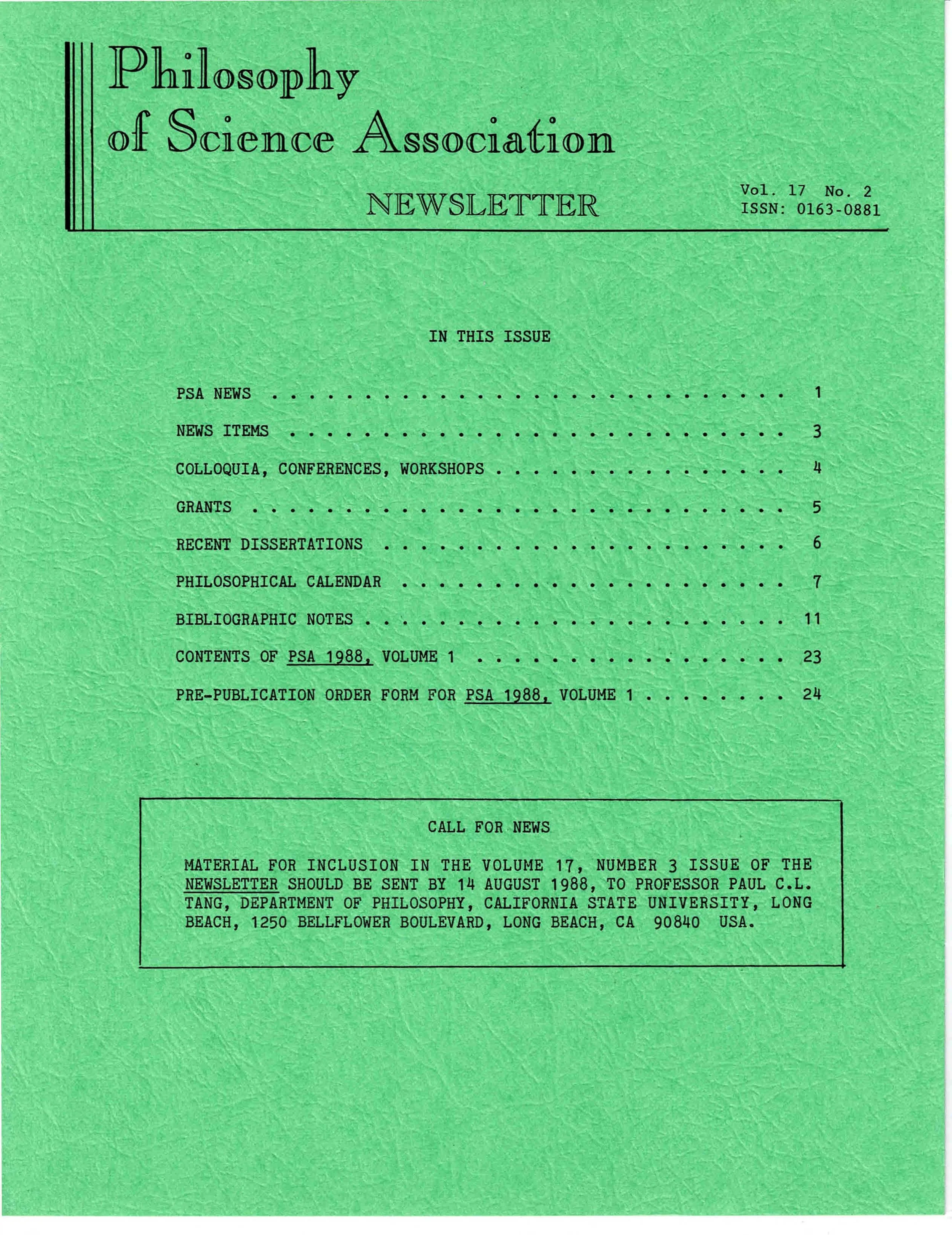 Cover PSA Newsletter Vol.17 No.2 with table of contents and page numbers