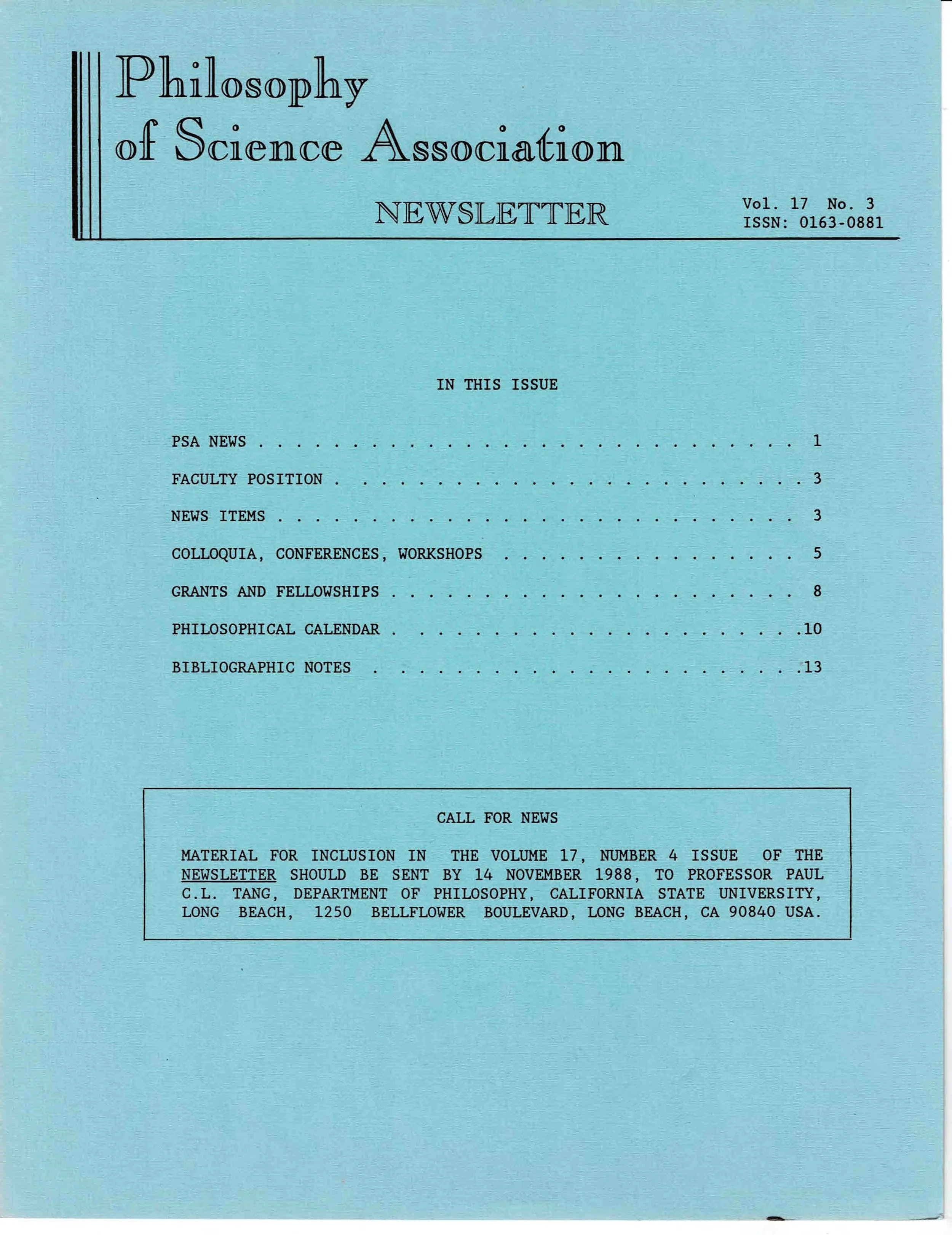 Cover PSA Newsletter Vol.17 No.3 with table of contents and page numbers.