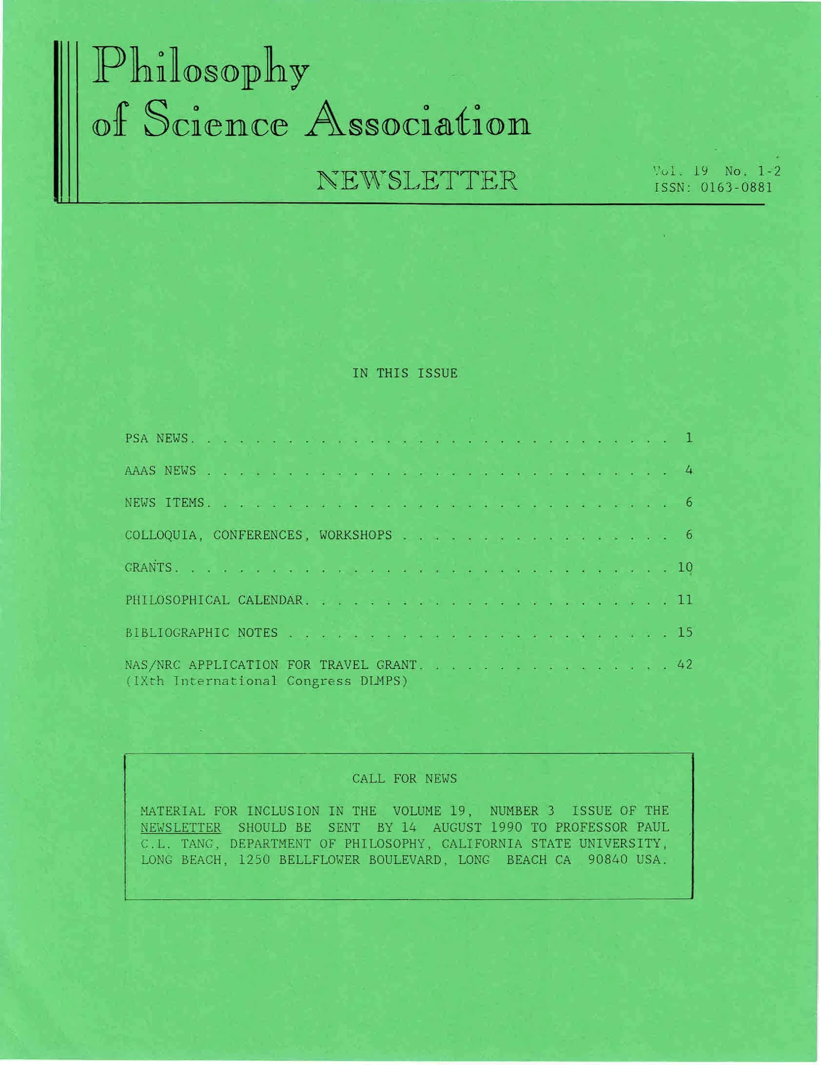 Cover PSA Newsletter Vol. 19 Nos.1&2 with table of contents and pages