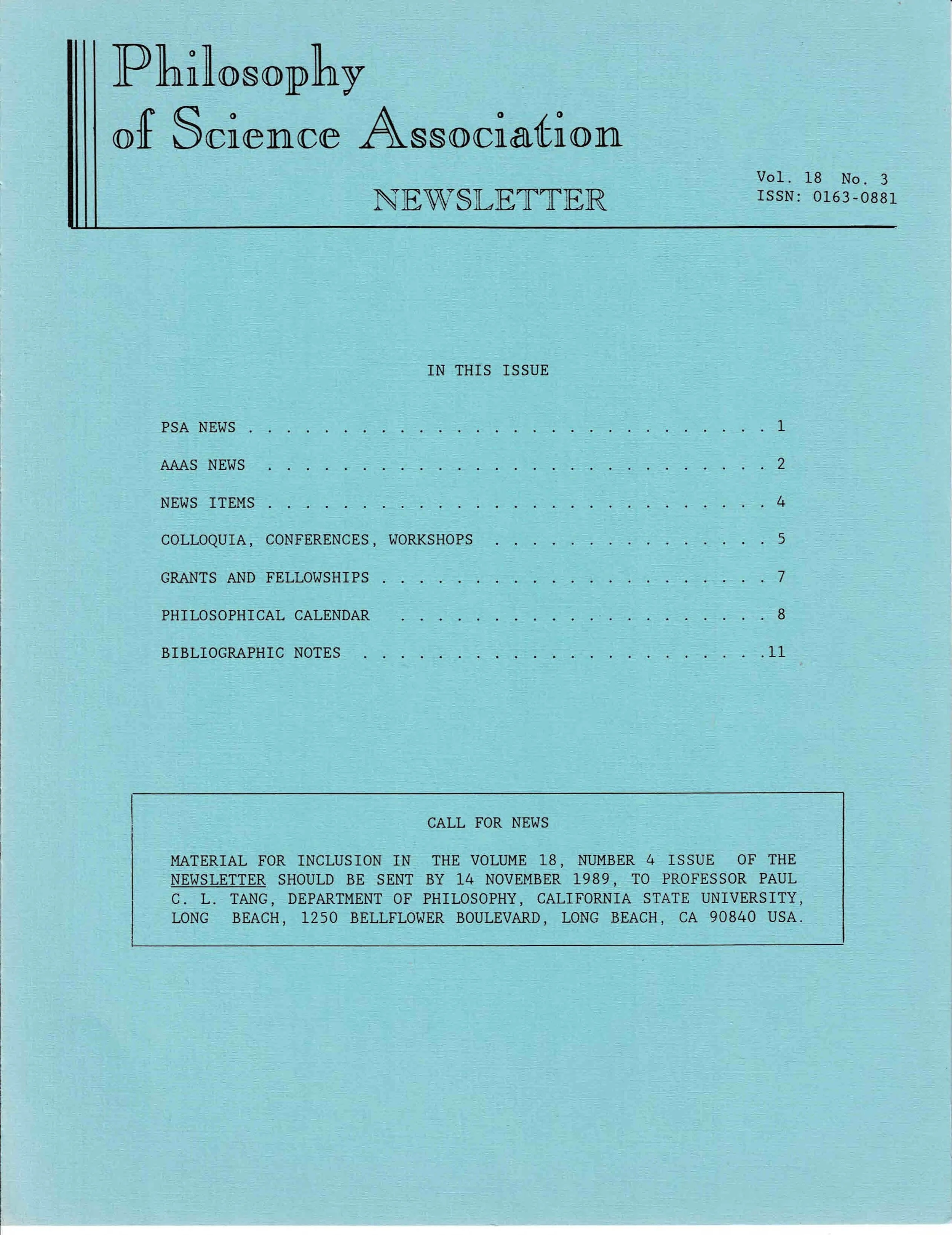 Cover PSA Newsletter Vol.18 No.3 with table of contents and page numbers