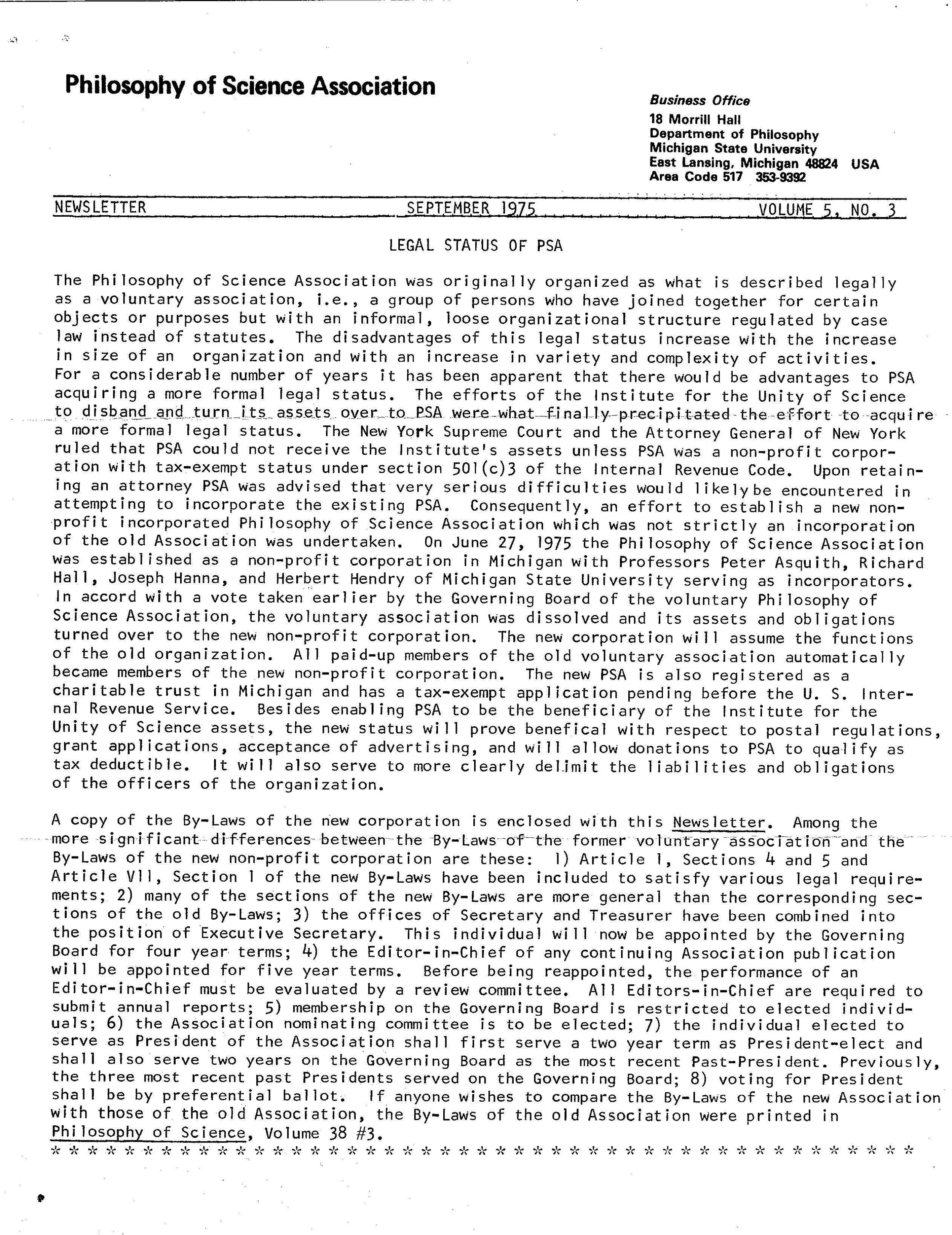 Front page PSA Newsletter, September 1975,Vol. 5, No.3