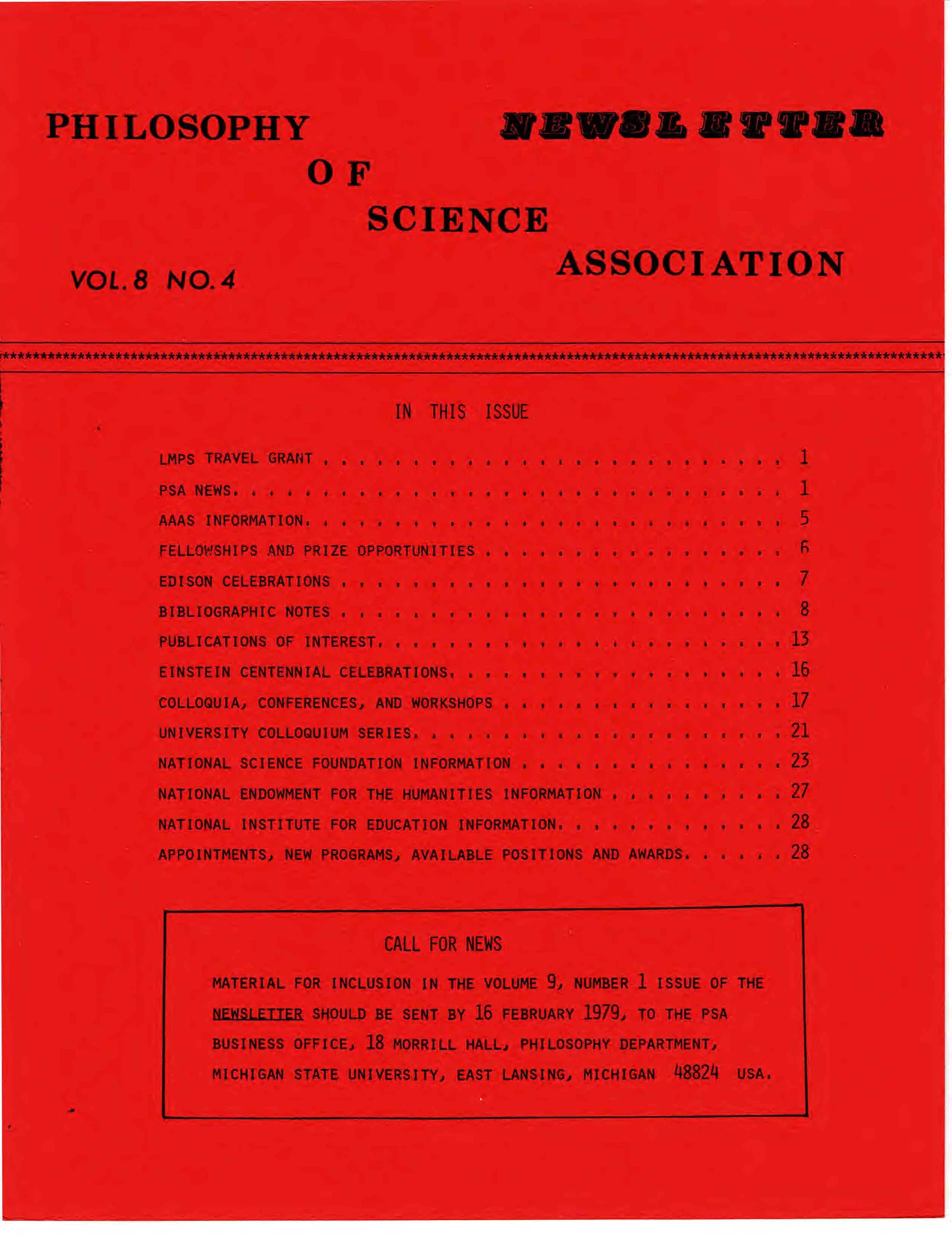 PSA Newsletter Vol. 8, No. 4with table of contents and page numbers