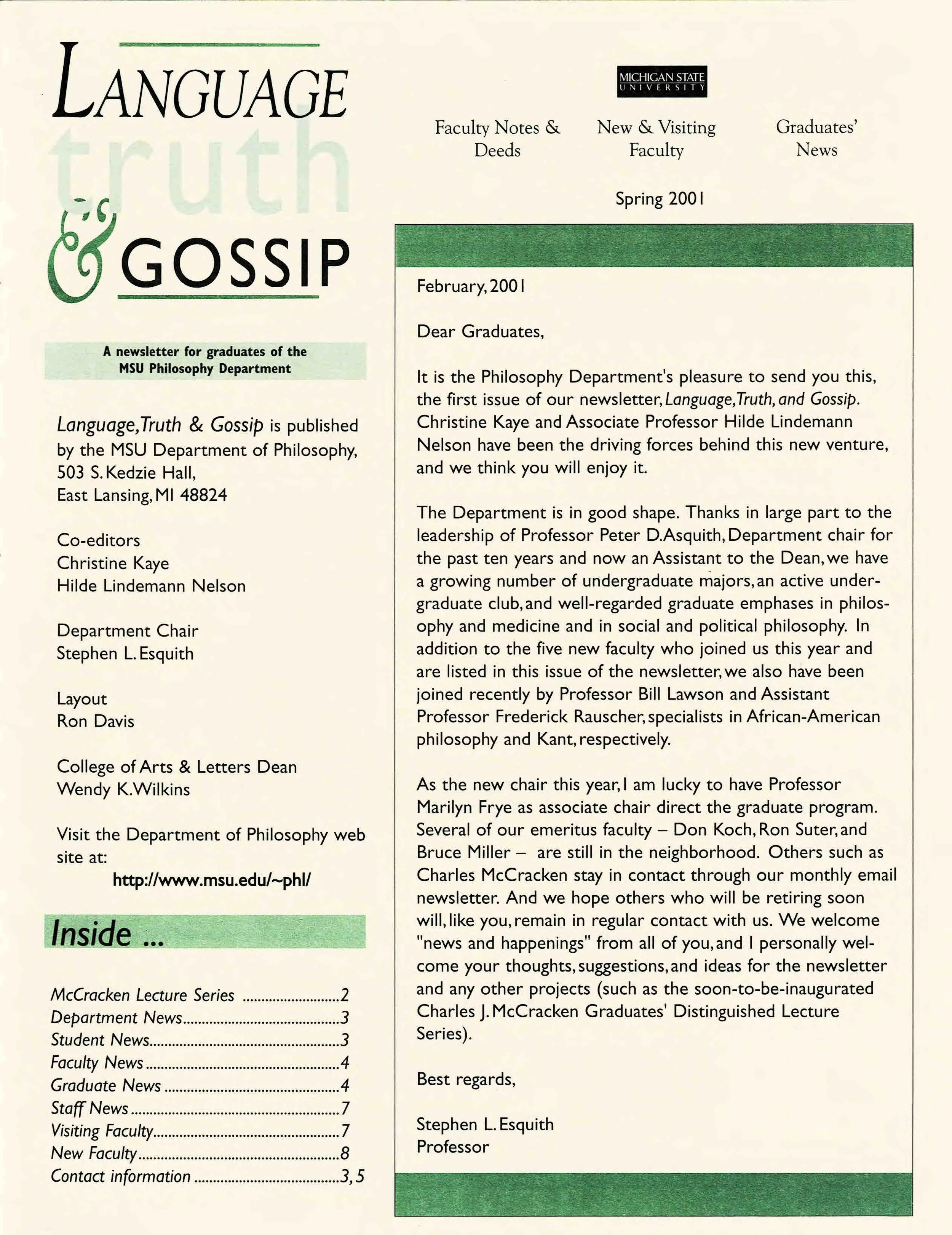 2001 Spring MSU Philosophy Department Newsletter "Language, Truth and Gossip."