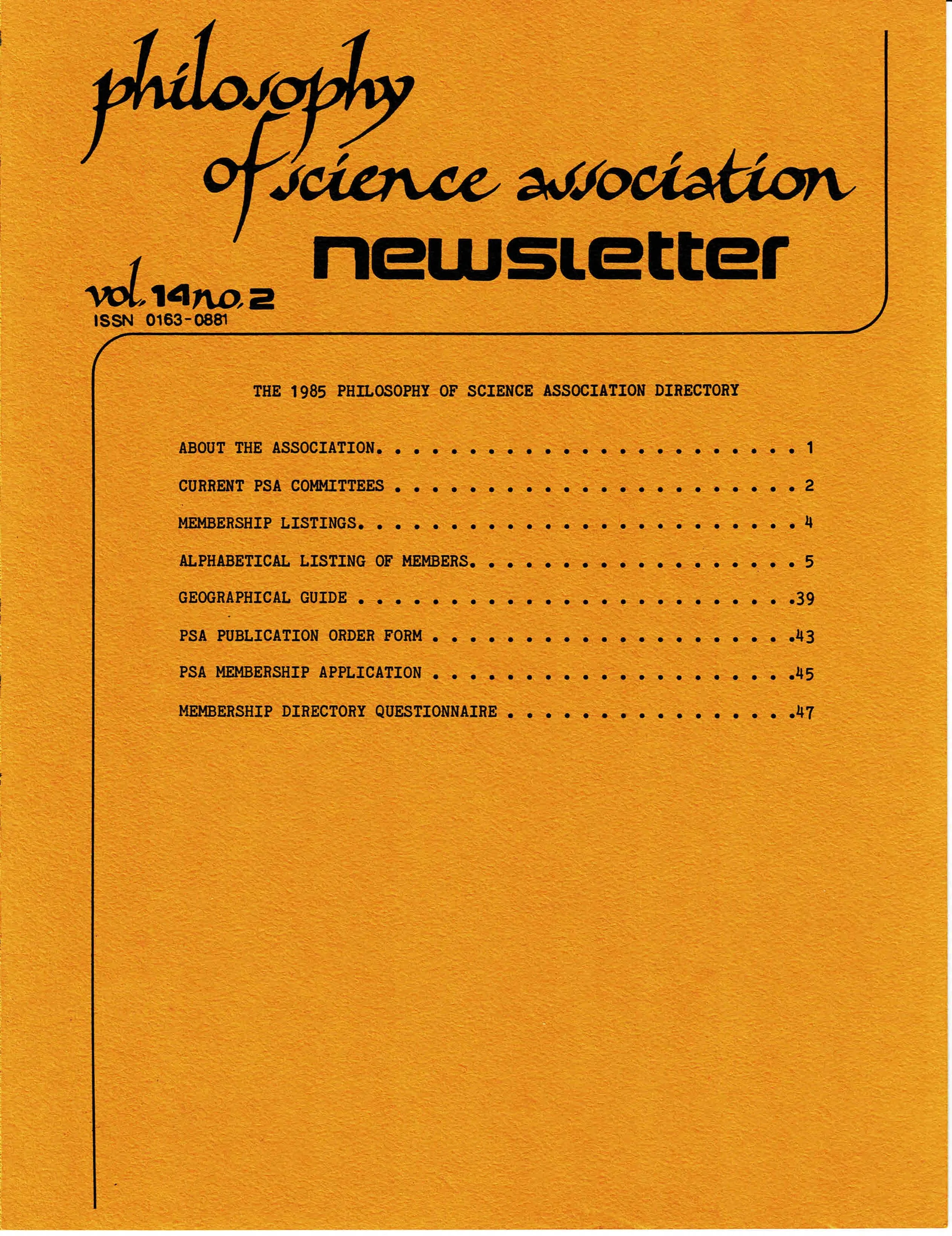 Cover PSA Newsletter Vol.14 No.2 with table of contents and page numbers