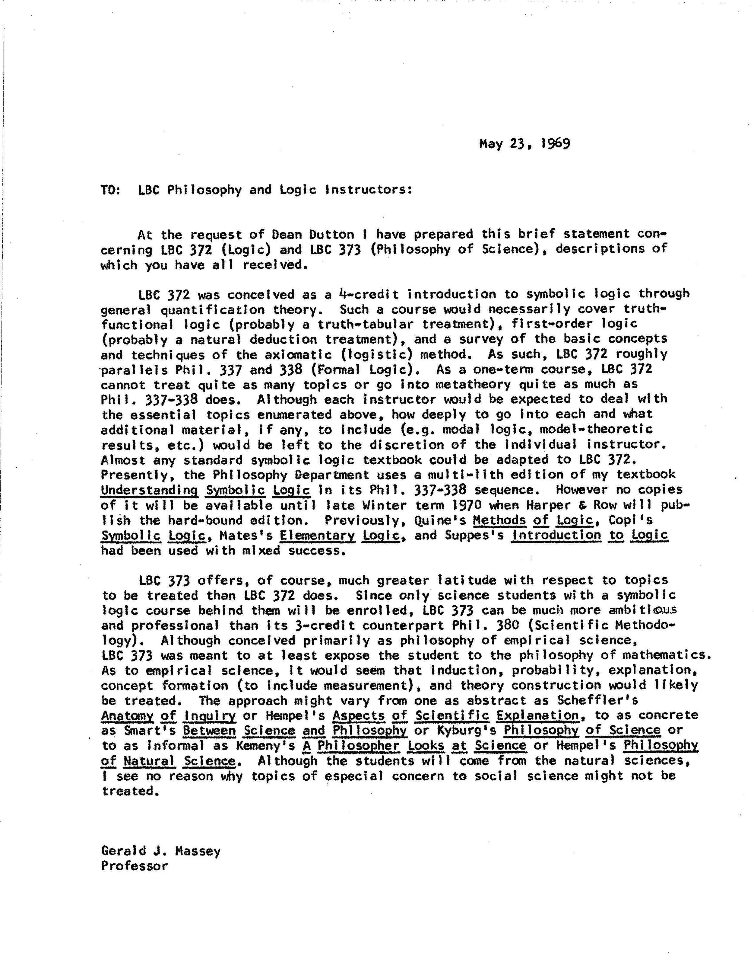 A typed letter dated May 23, 1969, addressed to LBC Philosophy and Logic Instructors, discussing philosophy and logic courses, textbooks, and academic topics. Signed by Gerald J. Massey, Professor.