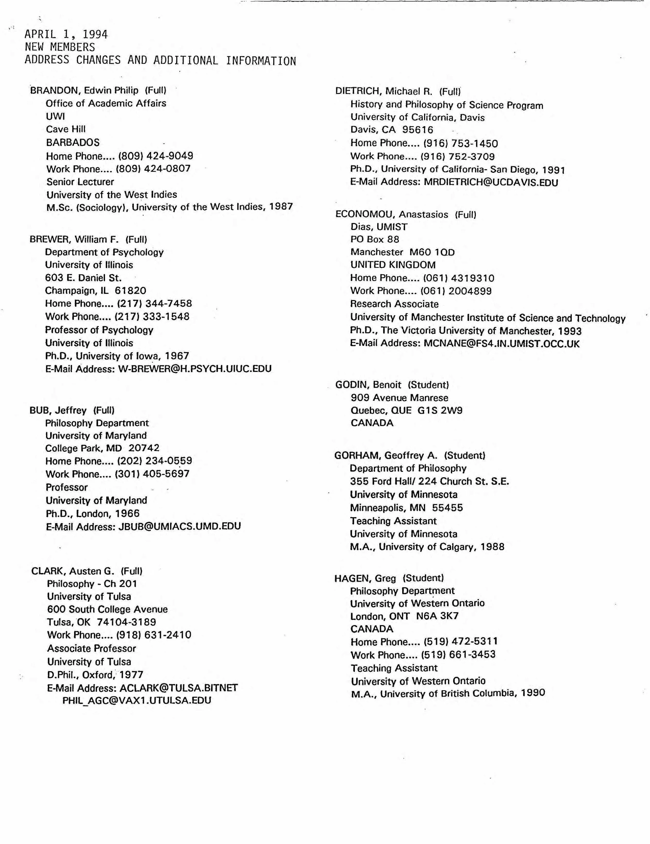 A typed document listing contact information and addresses of various individuals, including their names, titles, affiliations, phone numbers, emails, and addresses, dated April 1, 1994.