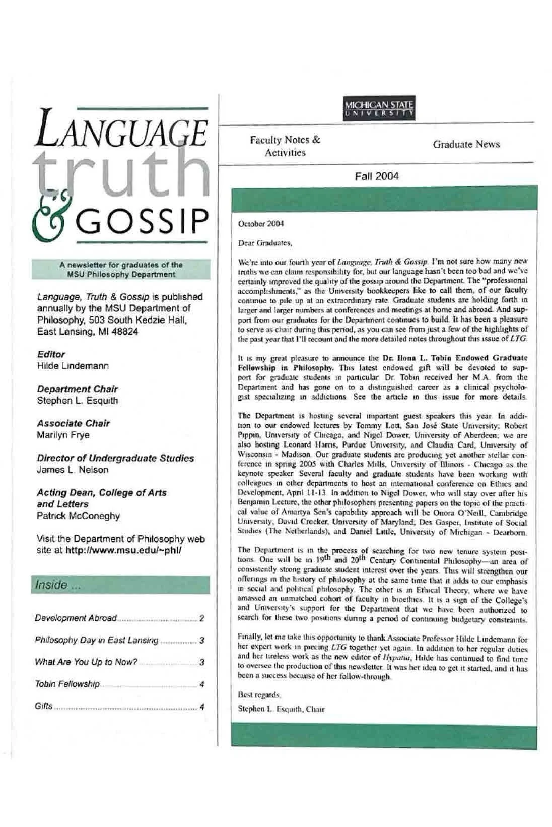 2004 Fall MSU Philosophy Department Newsletter titled 'Language, Truth & Gossip'.