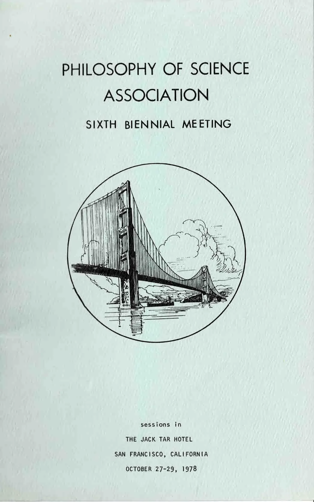 Cover page of the 1978 symposium program for the Philosophy of Science Association, featuring a sketch of the Golden Gate Bridge in San Francisco.
