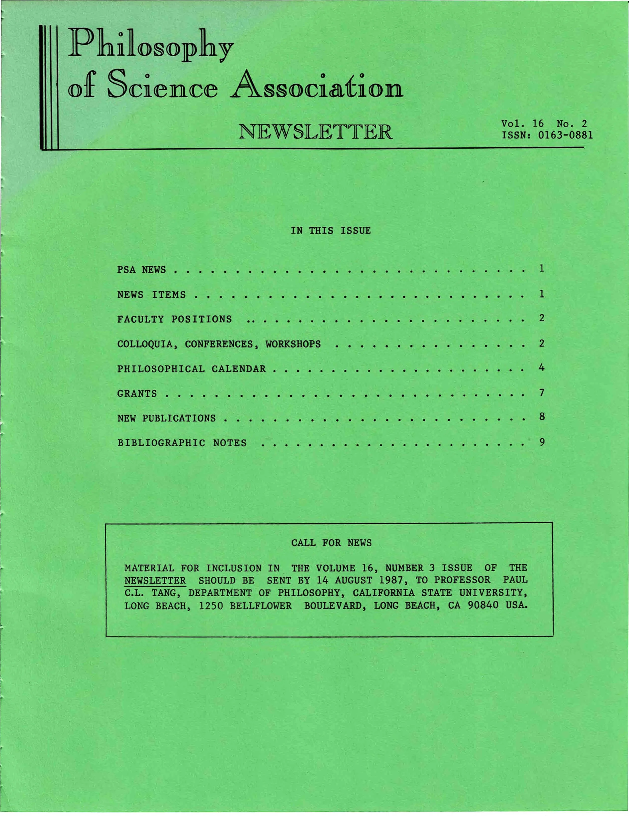 Cover PSA Newsletter Vol.16 No.2 with table of contents and page numbers