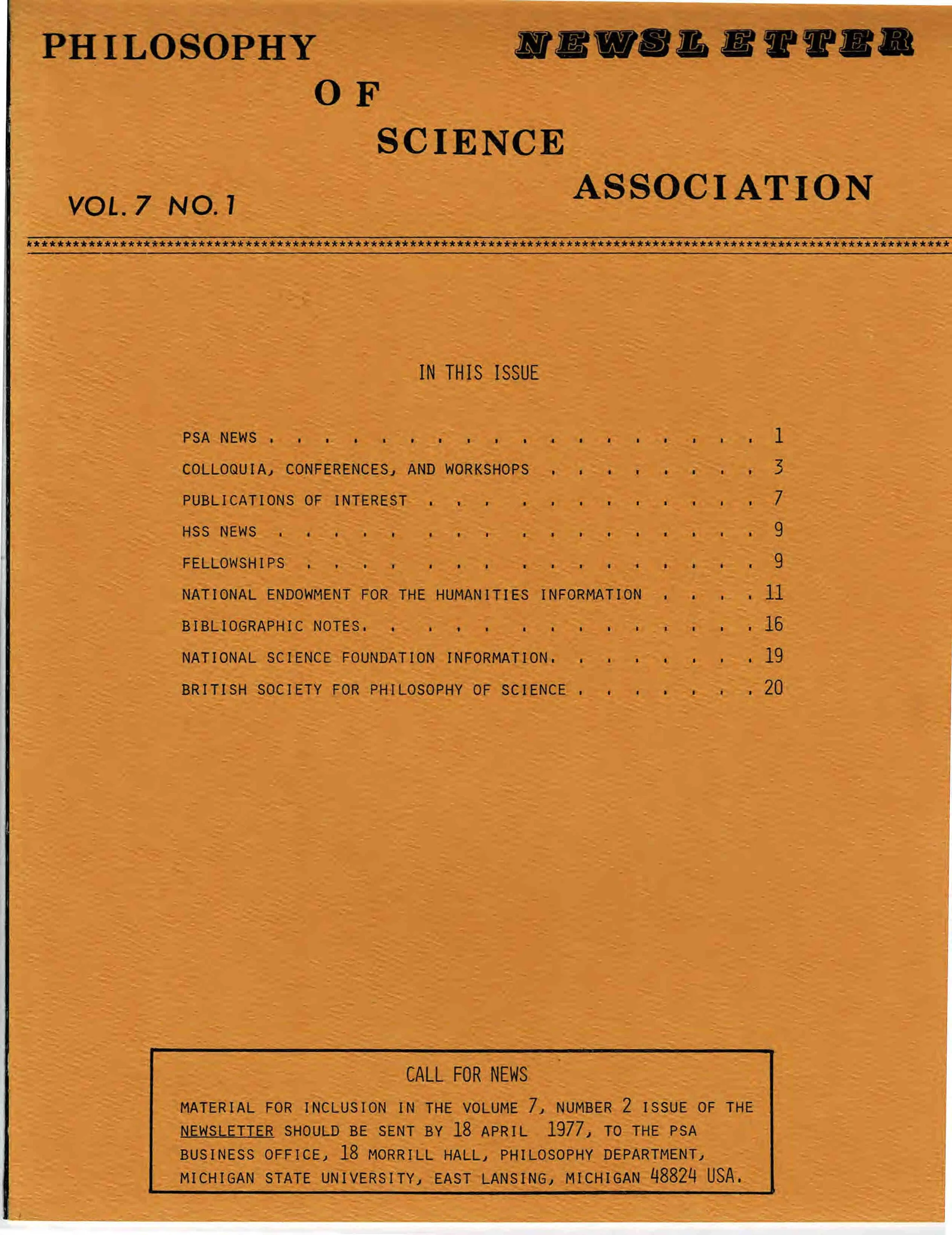 Cover PSA Newsletter Vol.7 No.1 with table of contents and page numbers