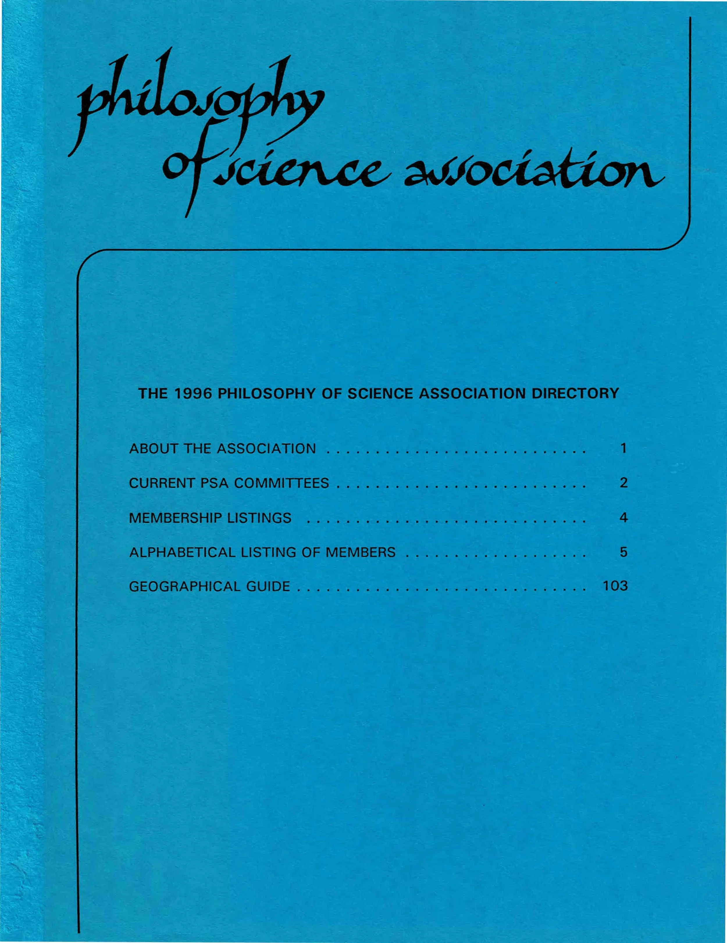 Cover of the 1996 Philosophy of Science Association Directory, blue background, title in black handwritten style font, with table of contents listing sections about the association, committees, memberships, members, and a geographical guide.