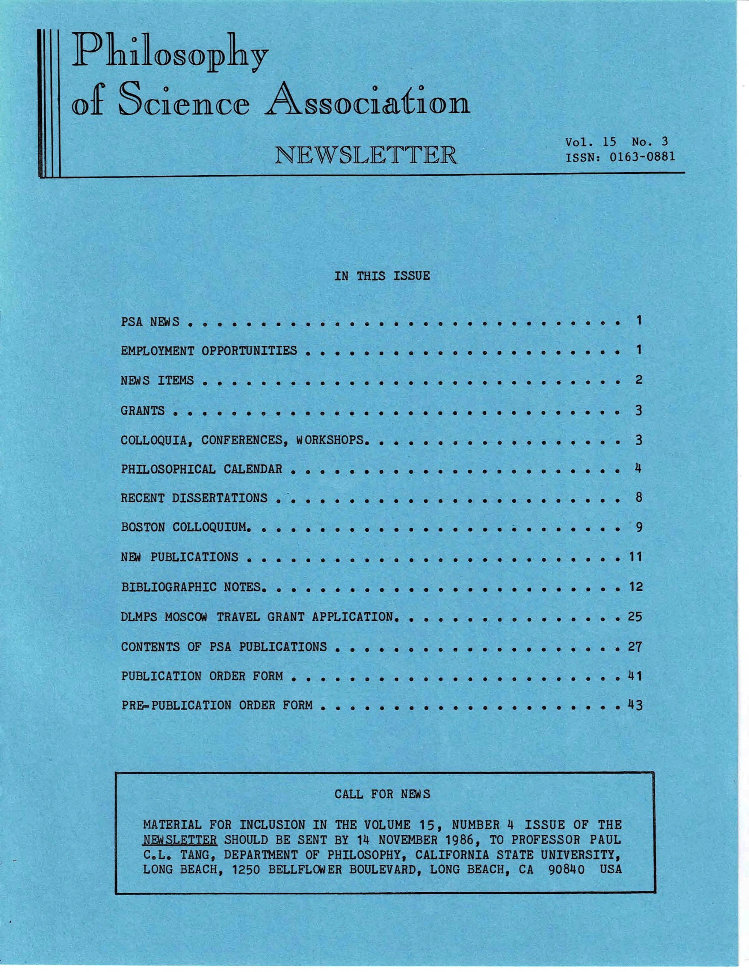 Cover PSA Newsletter Vol.15 No.3 with table of contents and page numbers.