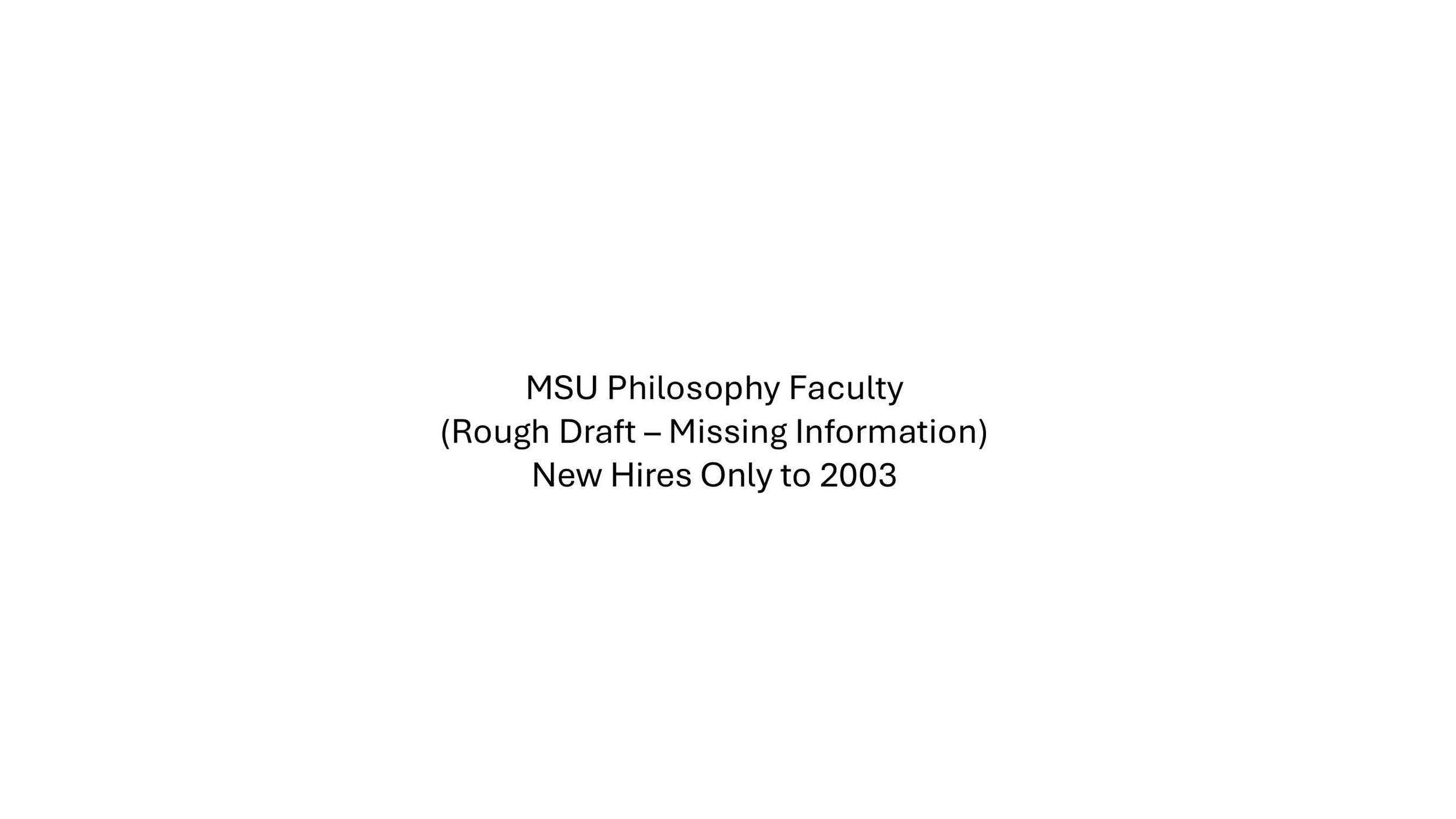 Title slide for MSU Philosophy Faculty presentation, indicating a rough draft with missing information, for new hires only, dated 2003.