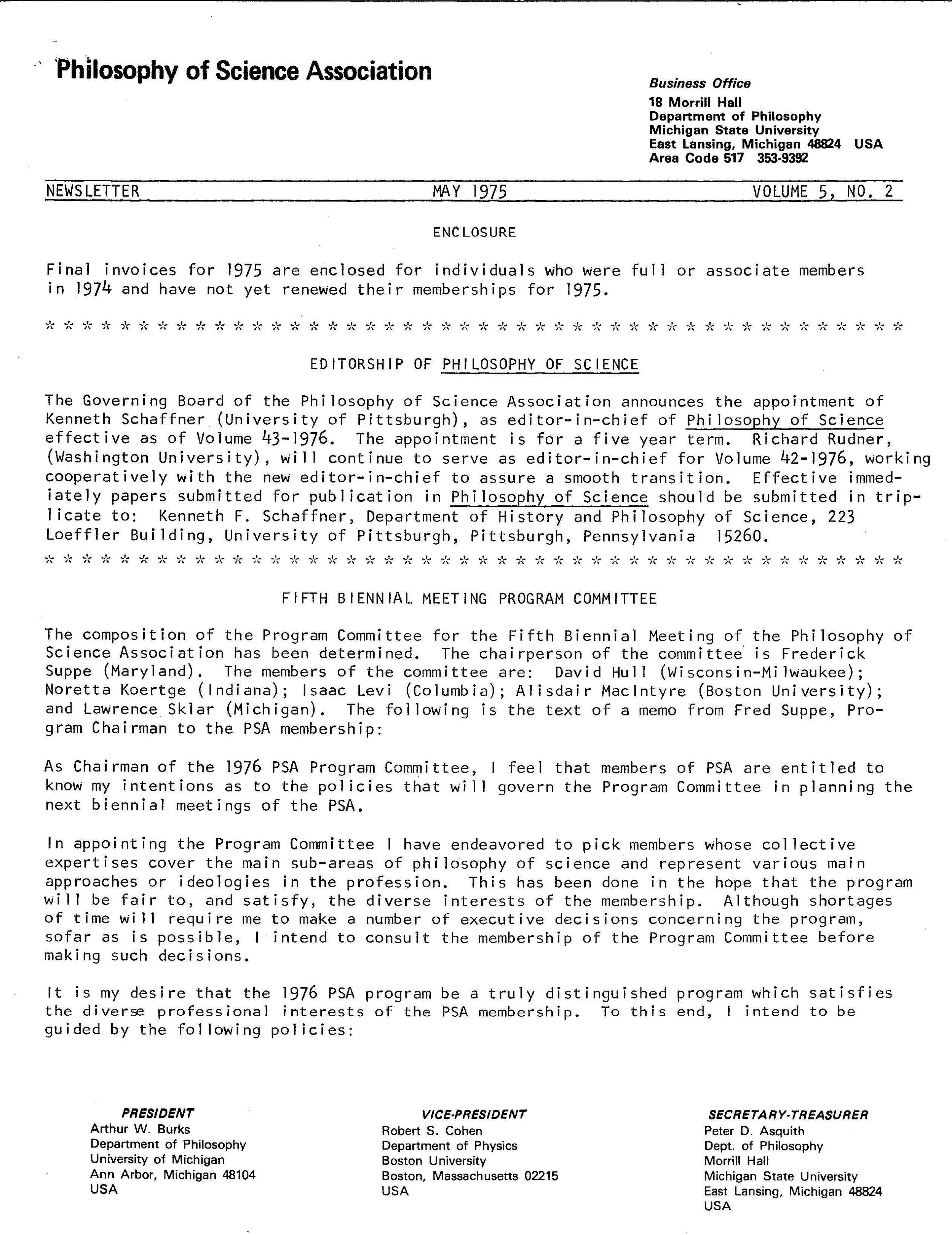 Front page PSA Newsletter, May 1975, Vol.5 No.2