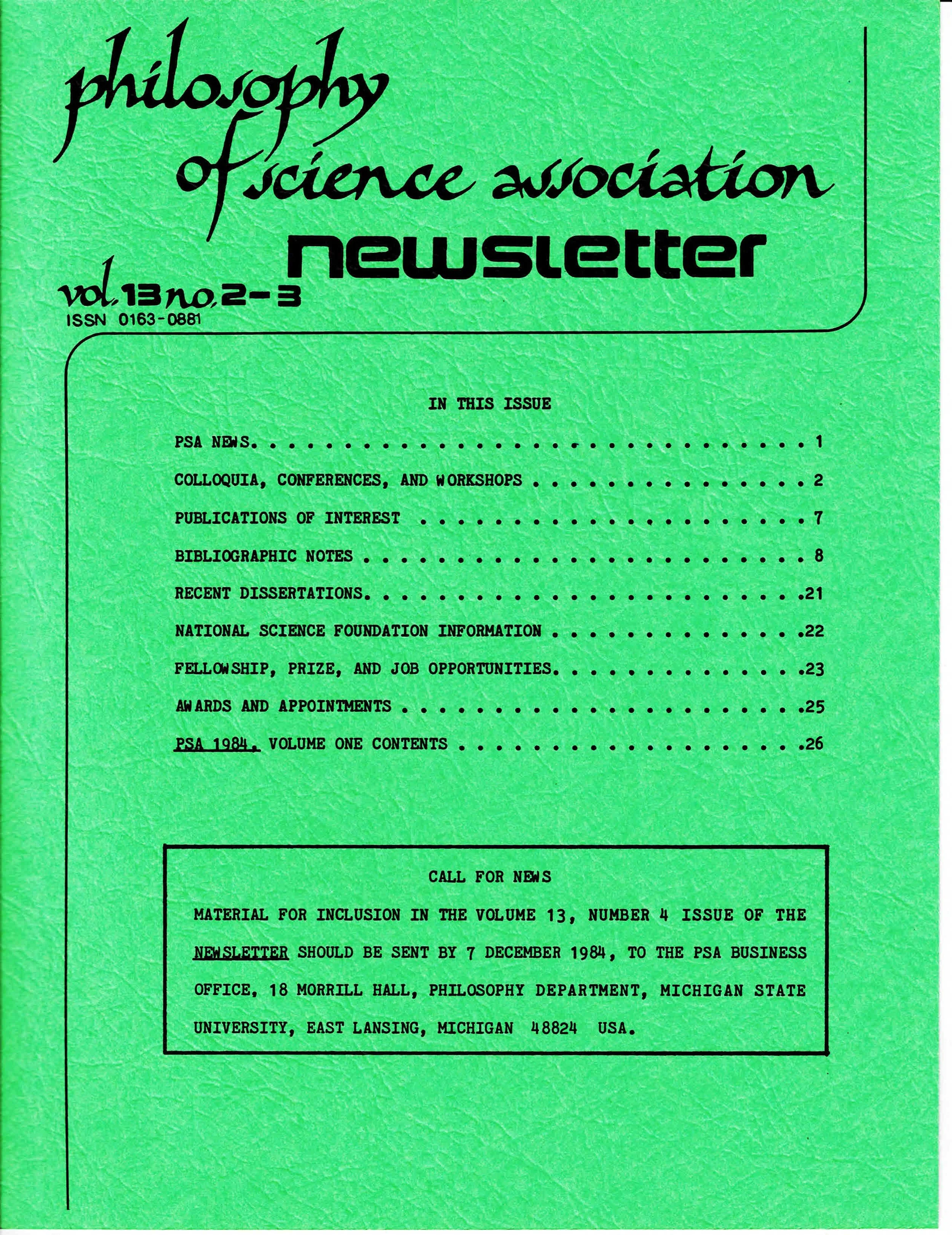 Cover PSA Newsletter Vol. 13 No. 2-3 with table of contents and page numbers