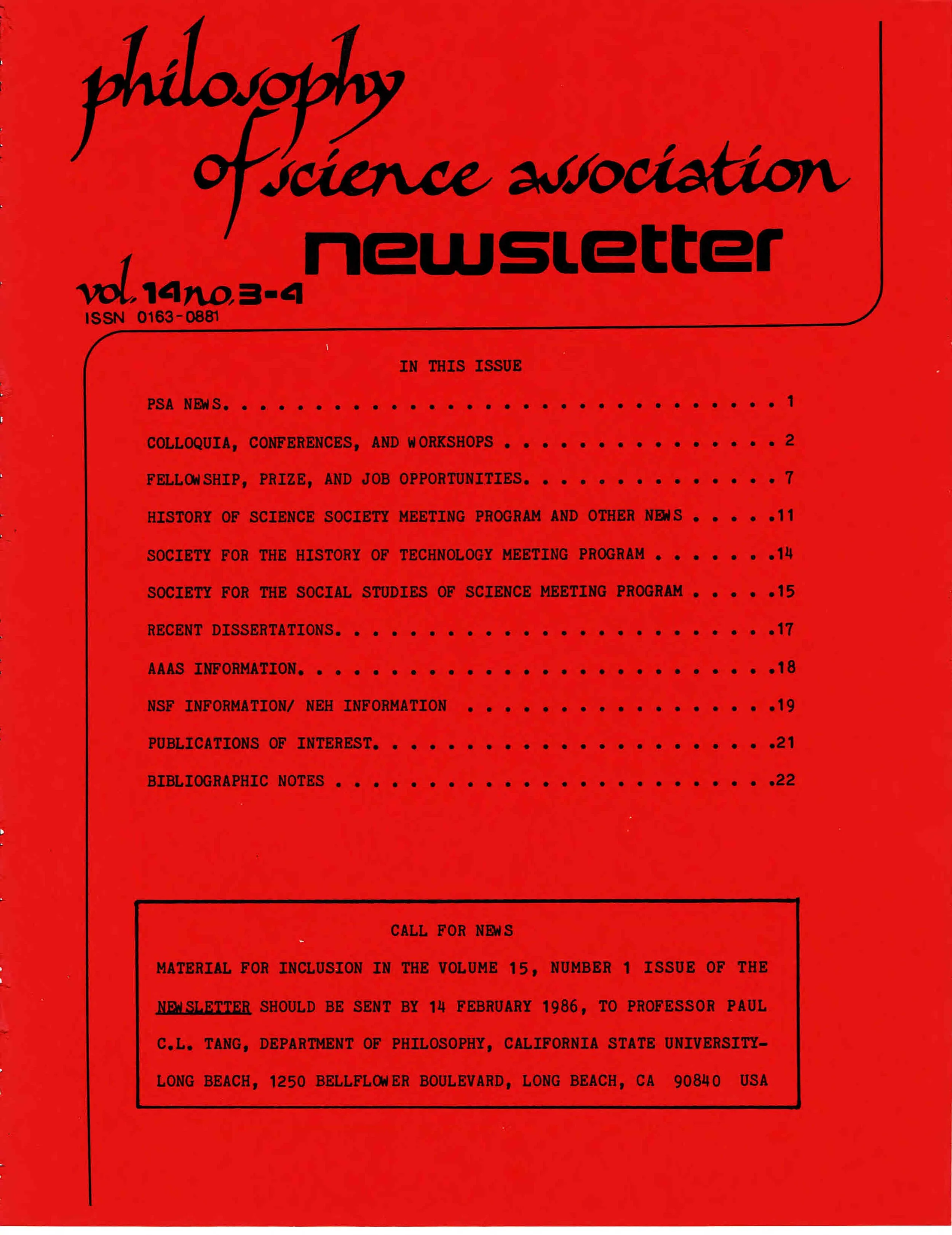 Cover PSA Newsletter Vol. 15 No. 3-4with table of contents and page numbers