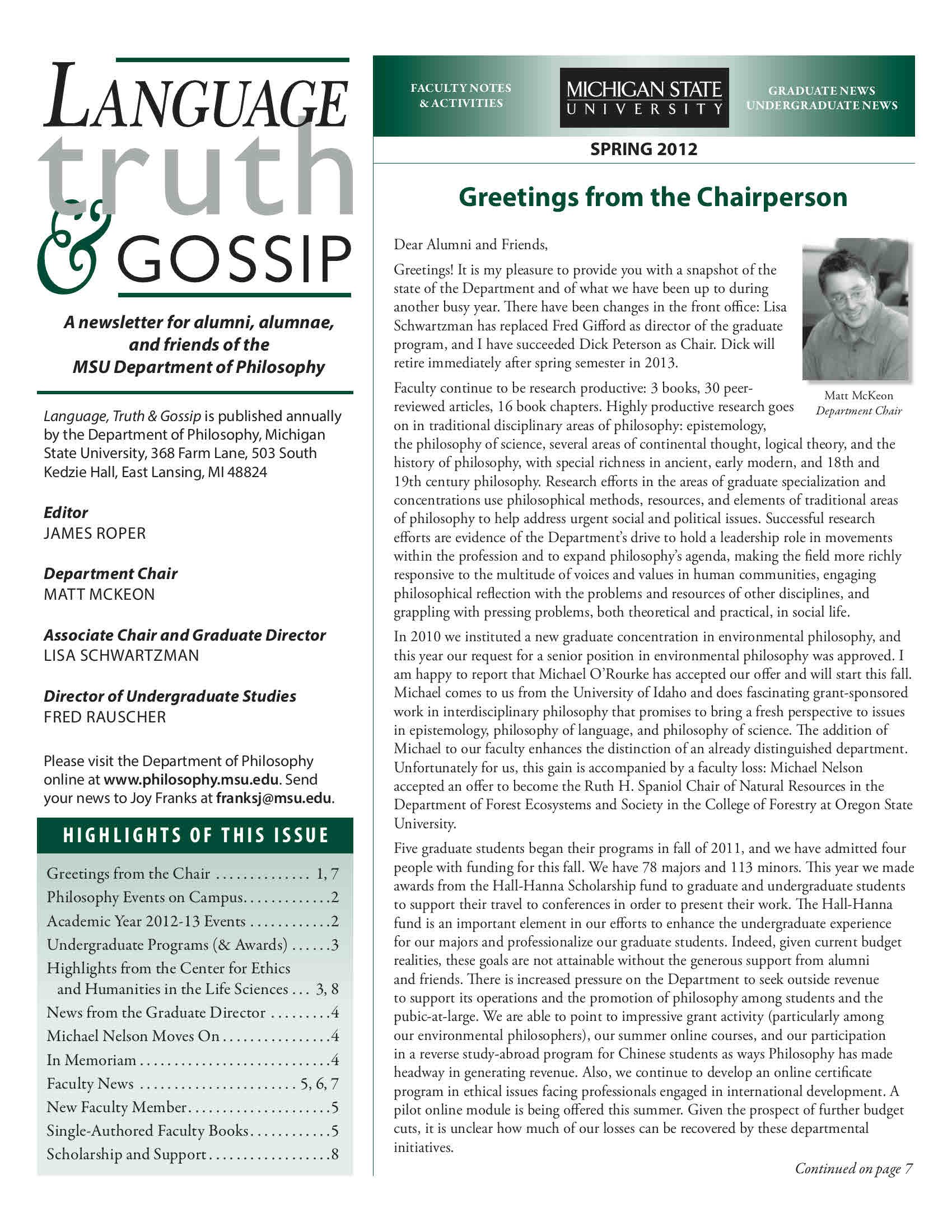 2012 Spring MSU Philosophy Department Newsletter titled 'Language, Truth & Gossip.'