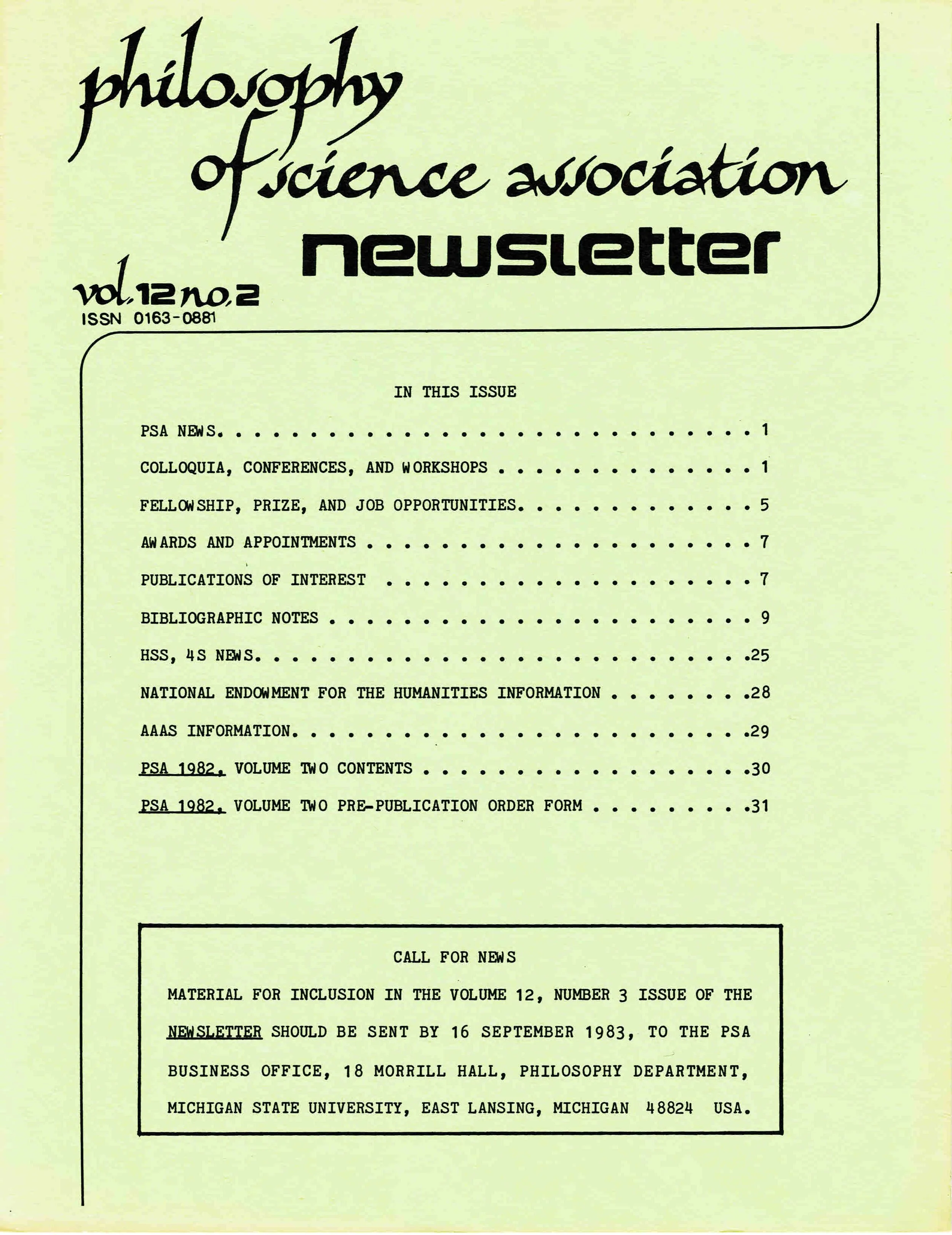 The cover page of a newsletter titled 'Philosophy of Science Association Newsletter,' Volume 12, Number 2, from 1982, with a list of contents and publication details.