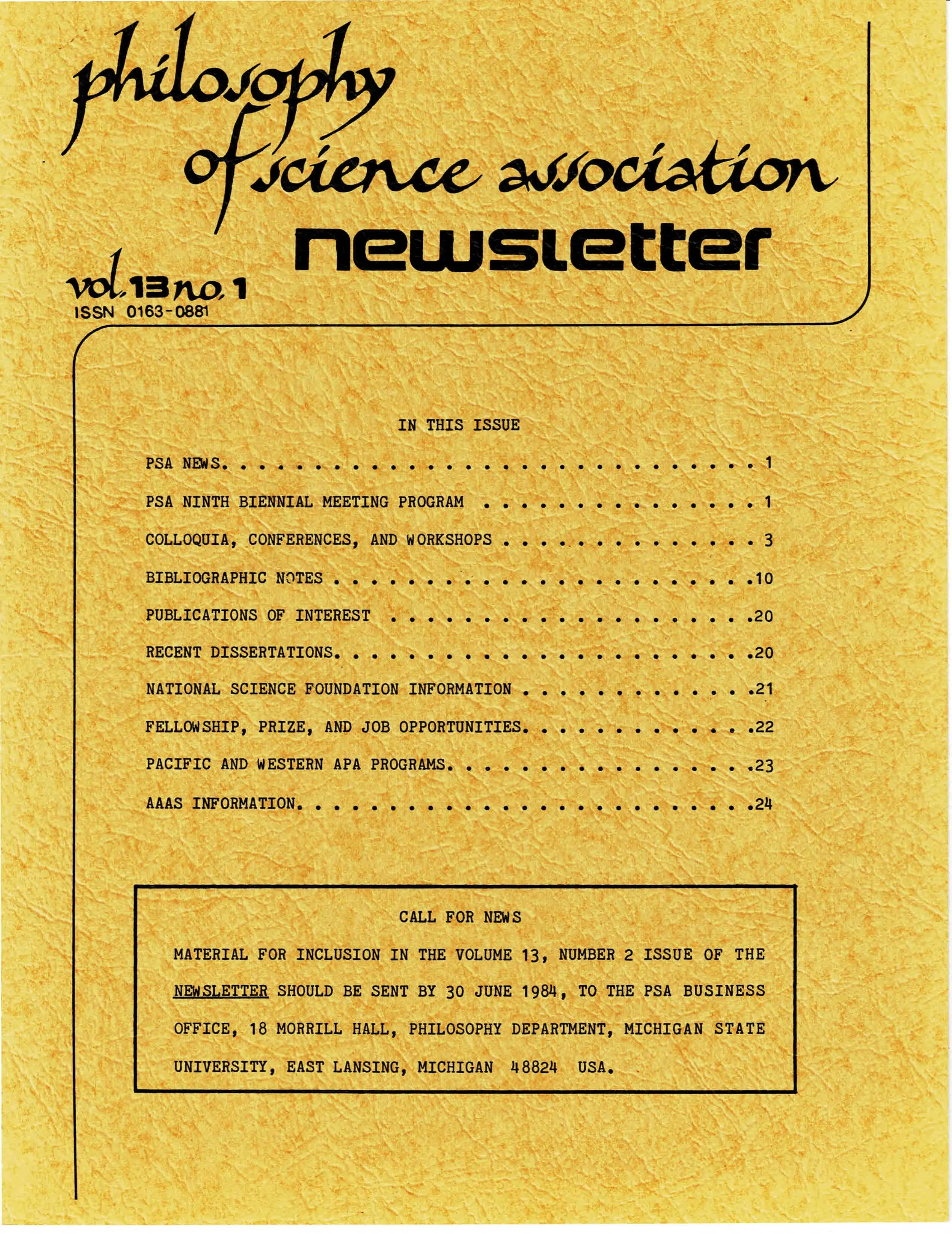 Cover PSA Newsletter Vol. 13 No.1 with table of contents and page numbers