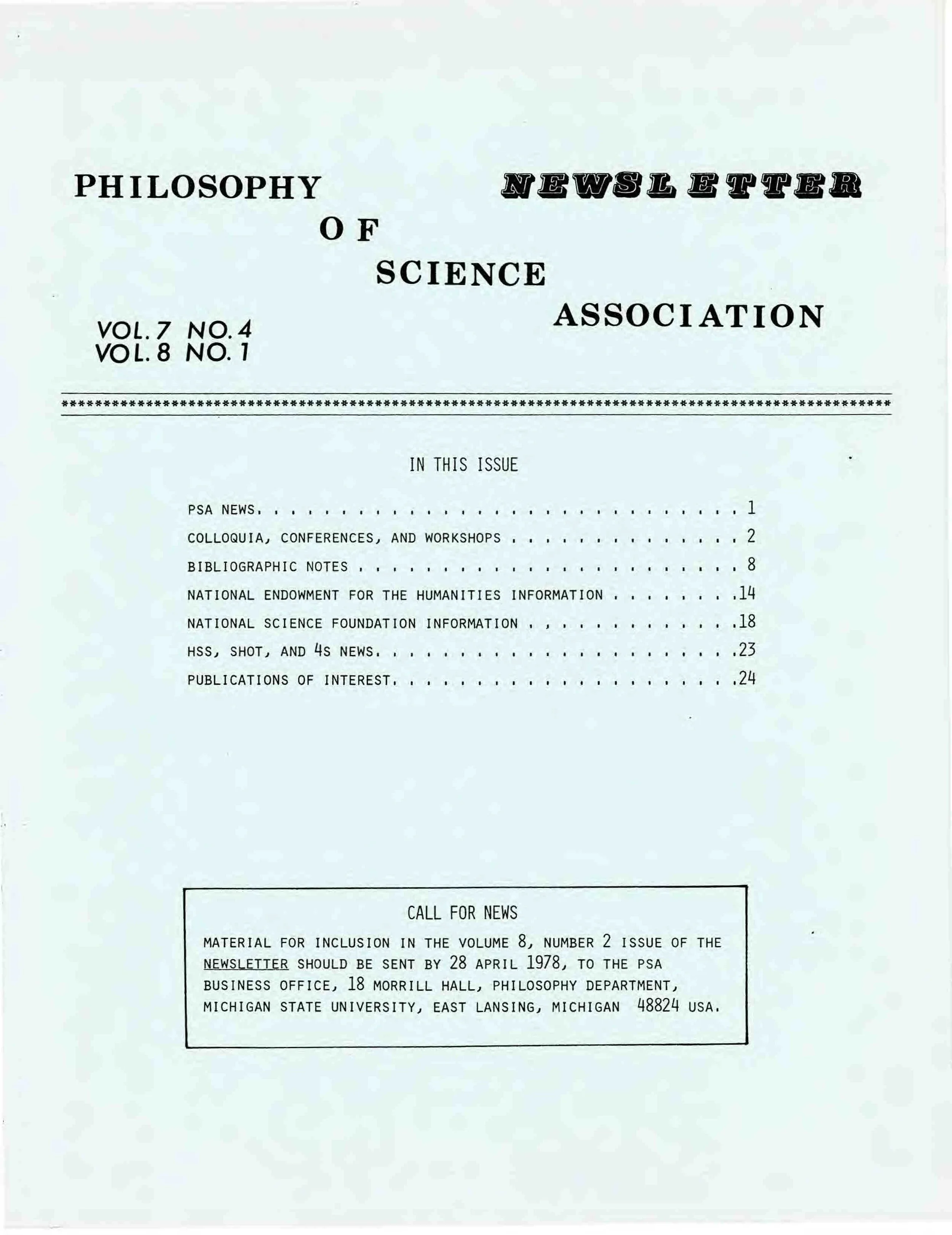 Cover PSA Newsletter Volume 7, No. 4, Volume 8, No.1 with table of contents and page numbers