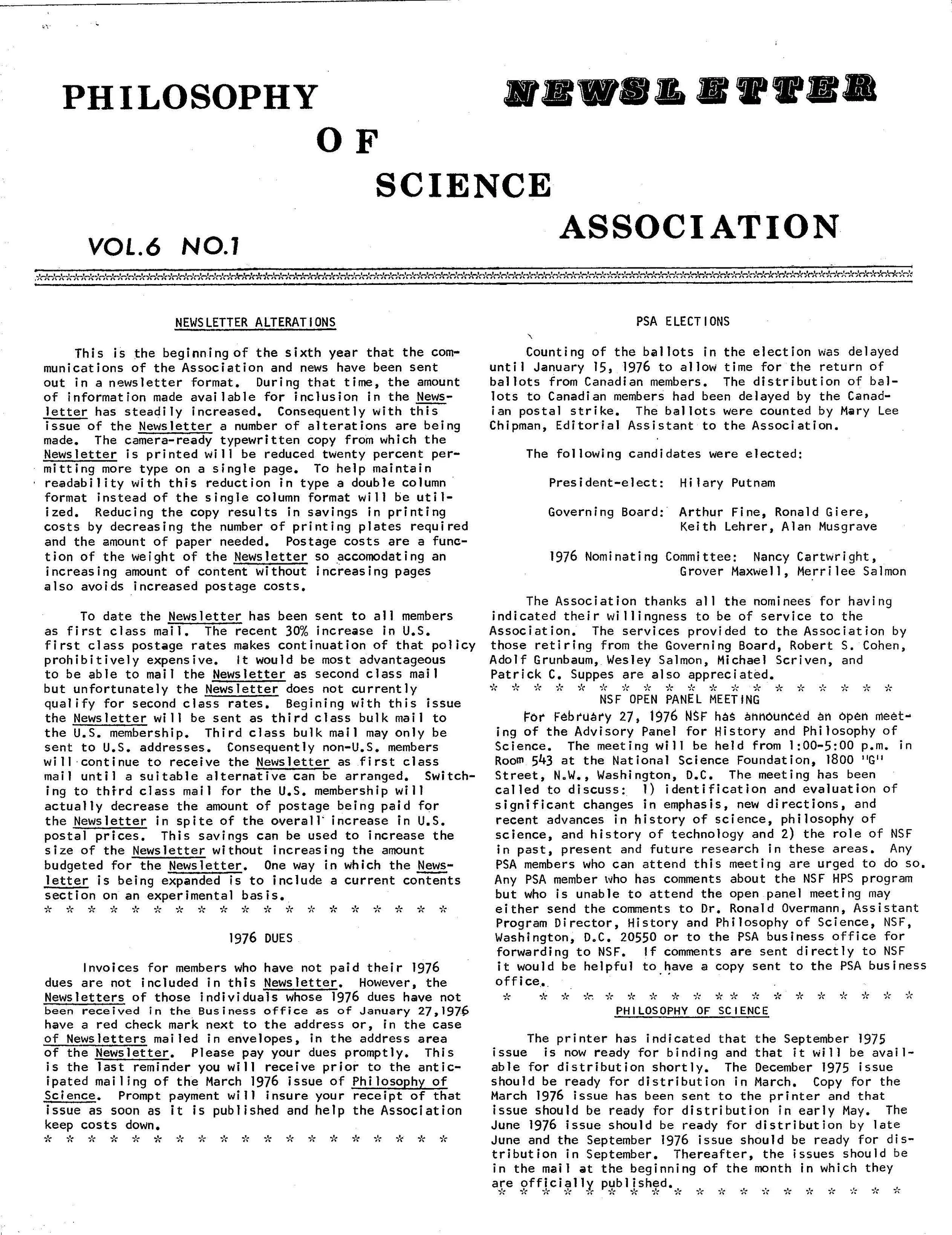 Front page PSA Newsletter, Vol.6 No.1