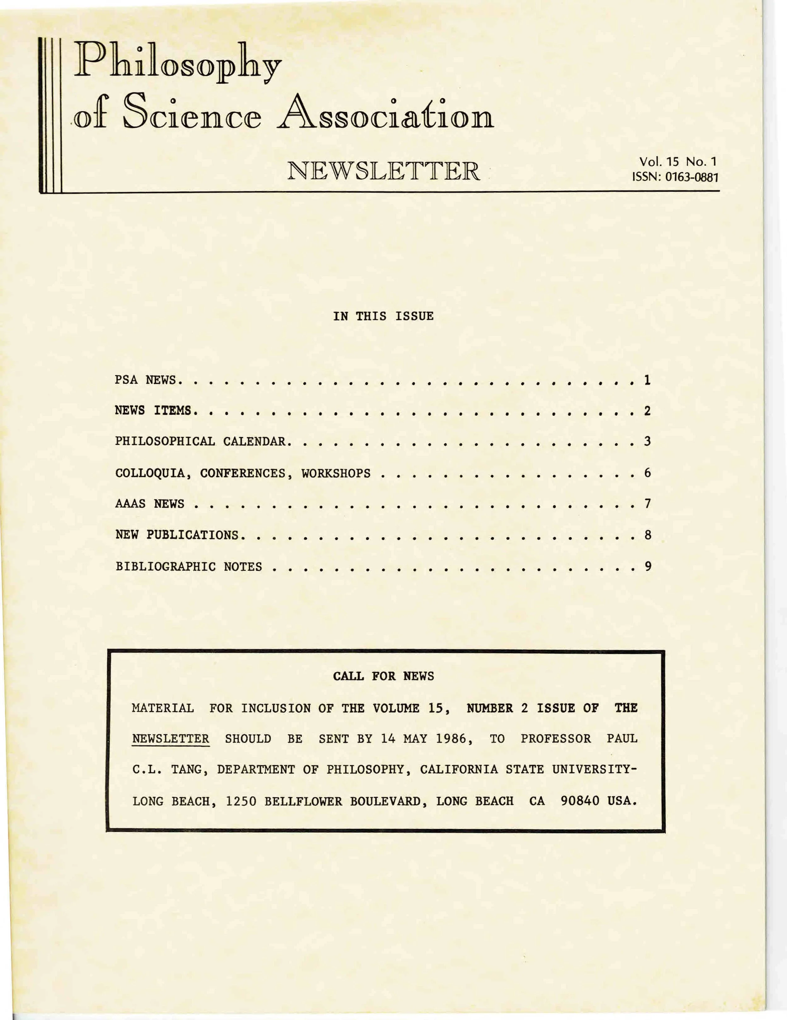 CoverPSA Newsletter Vol.15, No. 1 with table of contents and page numbers