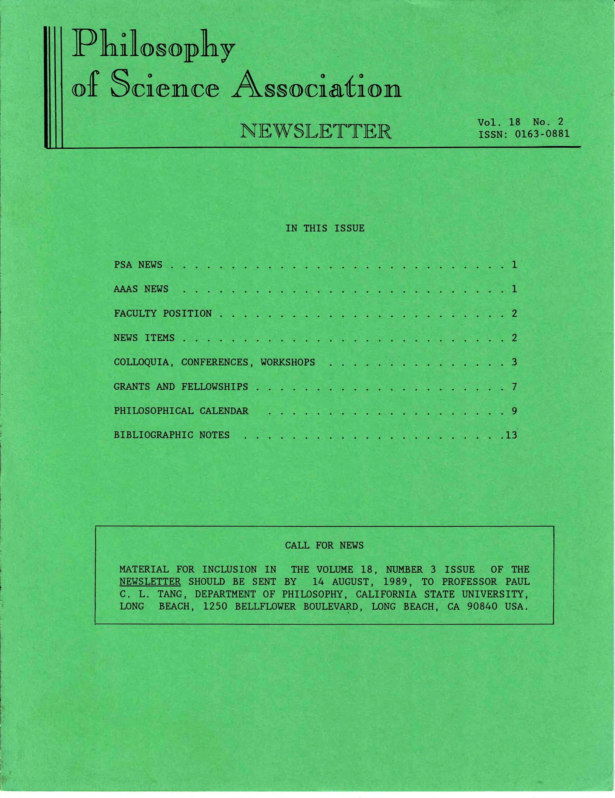 Cover PSA Newsletter Vol.18 No.2 with table of contents and page numbers