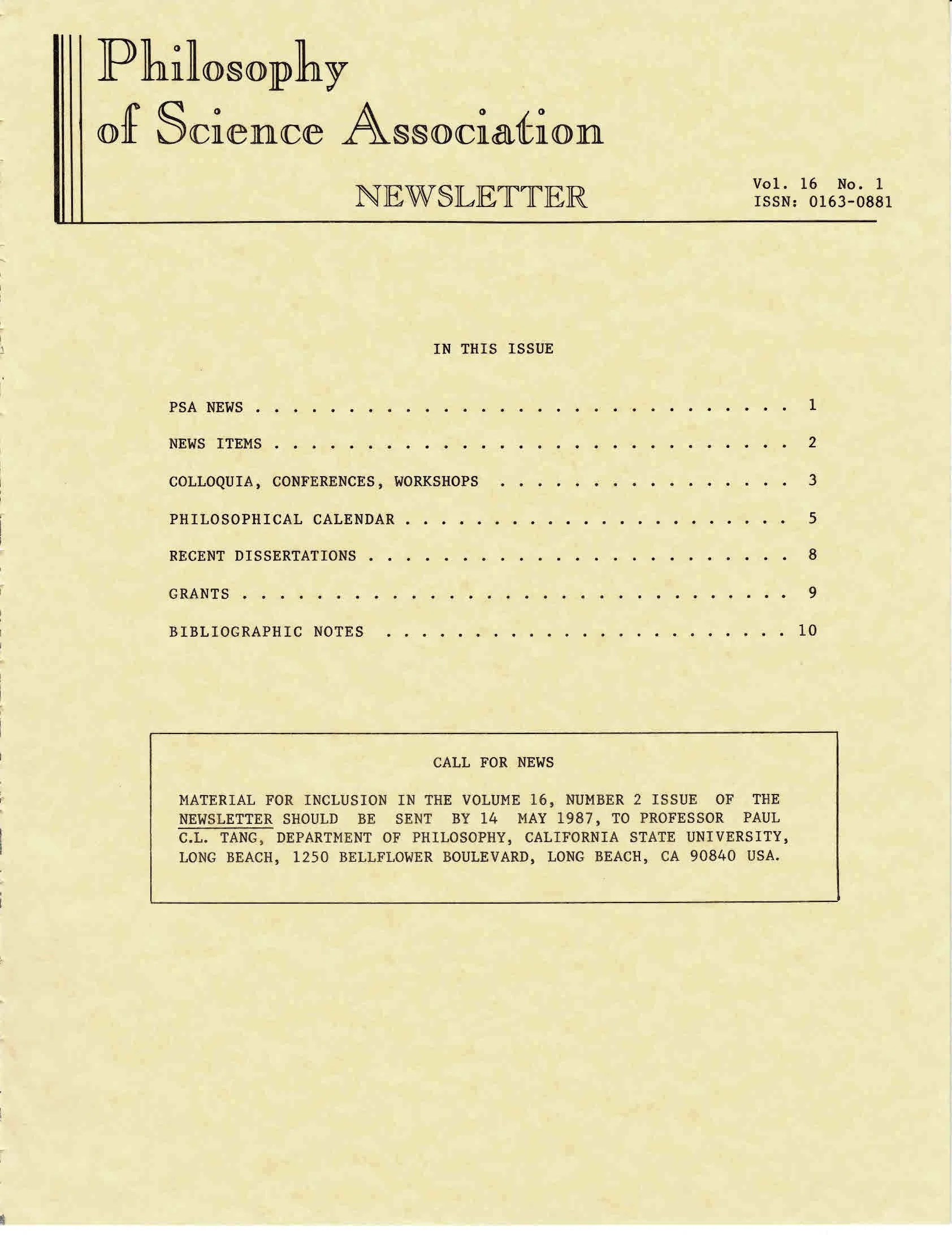 Cover PSA Newsletter Vol.16 No.1 with table of contents and page numbers