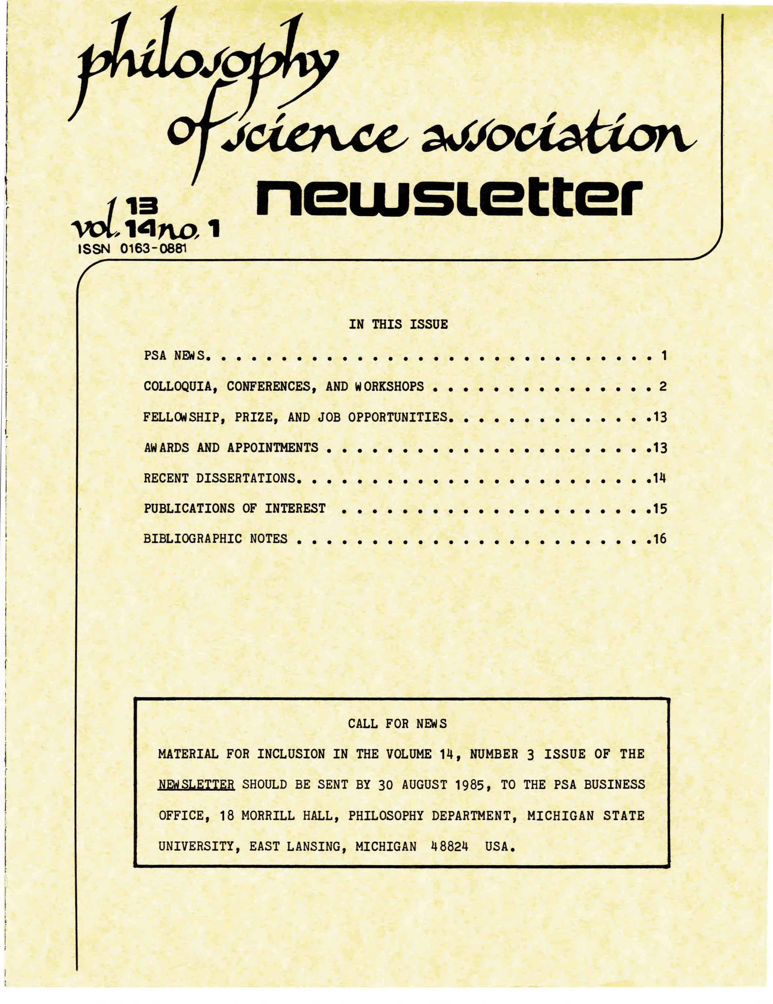 Cover PSA Newsletter Vol. 13 No.4 Vol.14 No.1 with table of contents and page numbers.