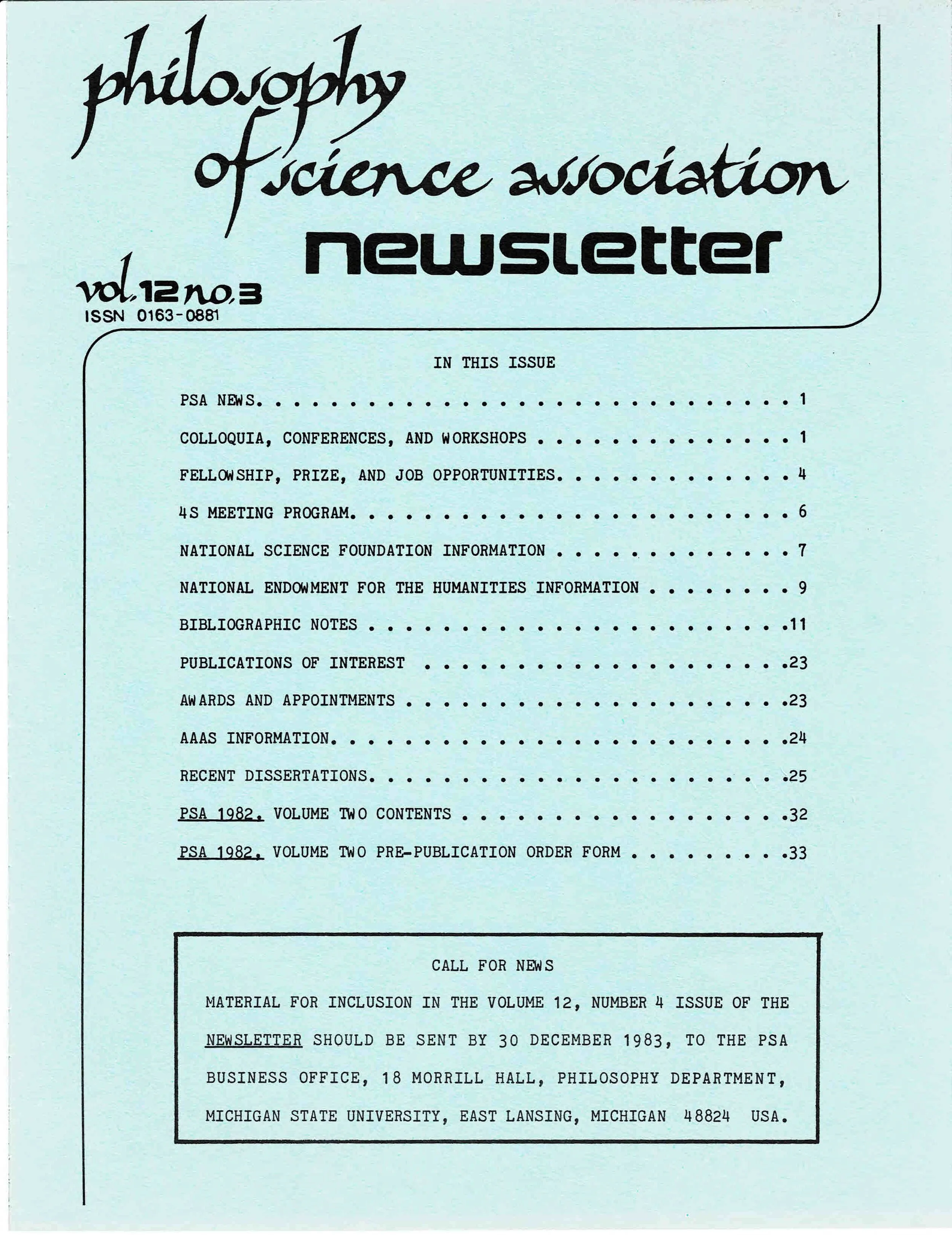 Newsletter cover page with the title 'Philosophy of Science Association Newsletter'. It lists contents such as PSA news, conferences, workshops, fellowships, job opportunities, meetings, publications, awards, and recent dissertations. Includes volume and issue information, and a call for news with submission instructions.