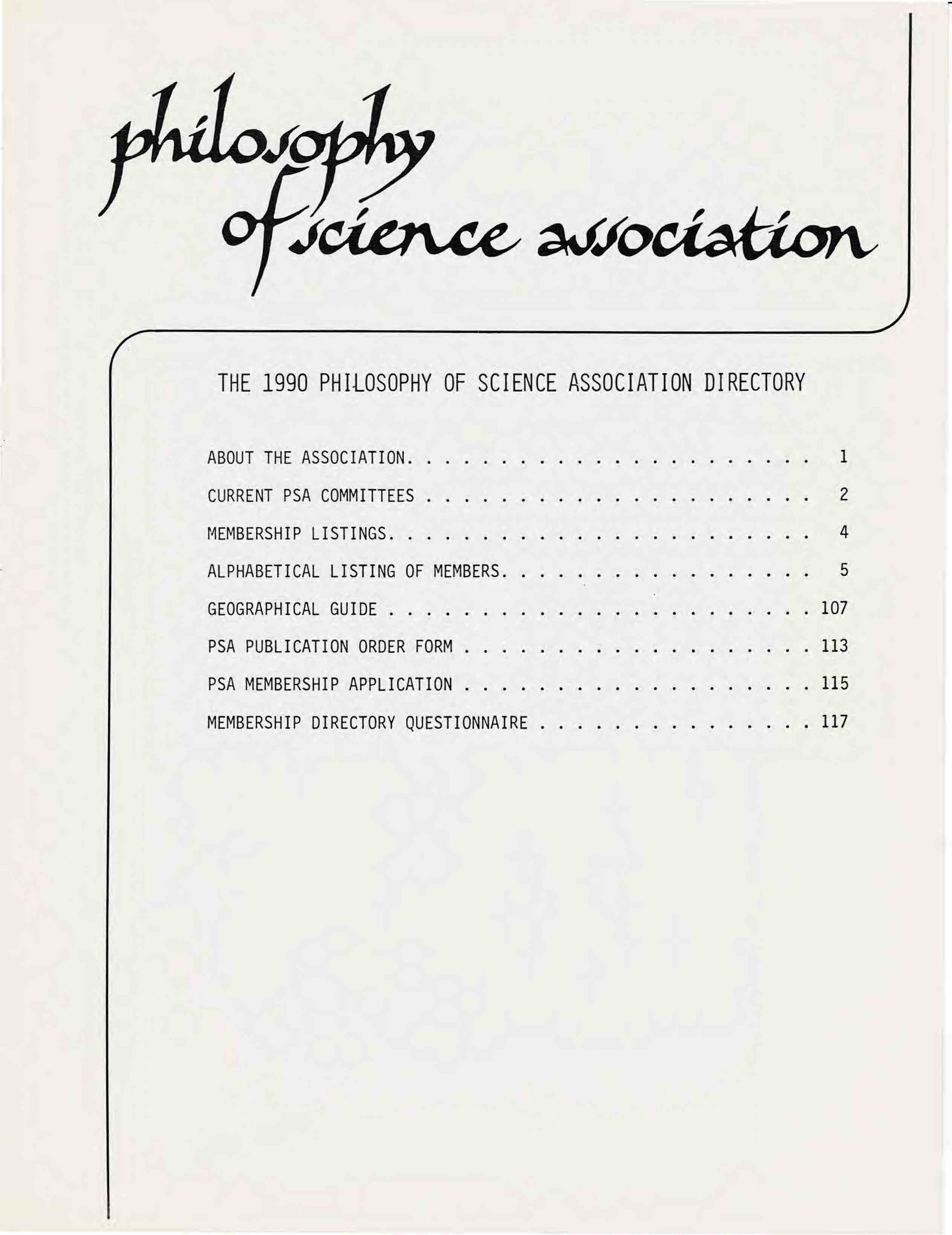 Cover page of a directory titled "The 1990 Philosophy of Science Association Directory" with a list of contents including about the association, current PSA committees, membership listings, alphabetical listing of members, geographical guide, PSA publication order form, PSA membership application, and membership directory questionnaire.