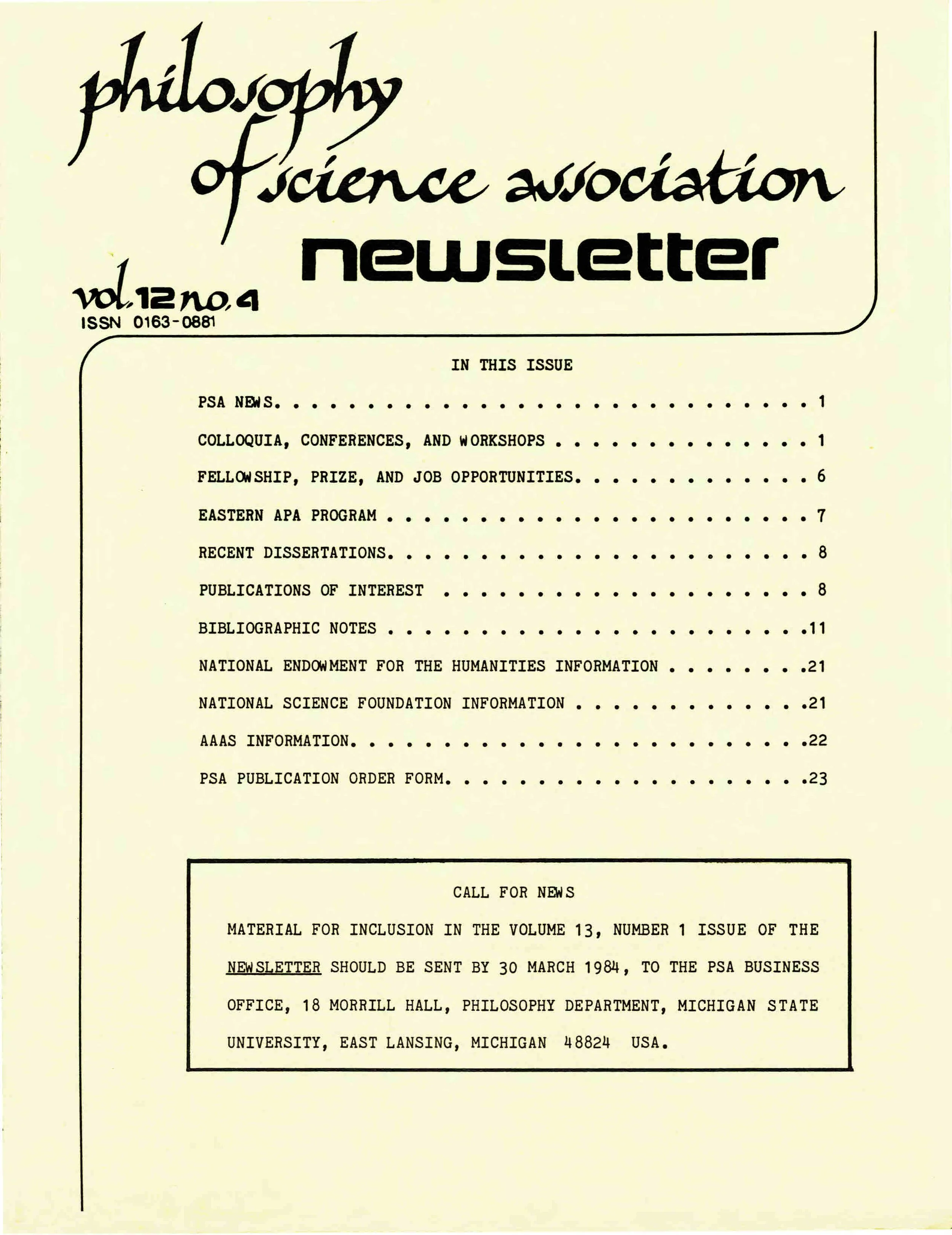 The cover page of a newsletter titled 'Philosophy of Science Association Newsletter', Volume 12, Number 4, from 1984, listing contents like PSA news, conferences, fellowships, programs, recent dissertations, publications, bibliographic notes, and funding information.