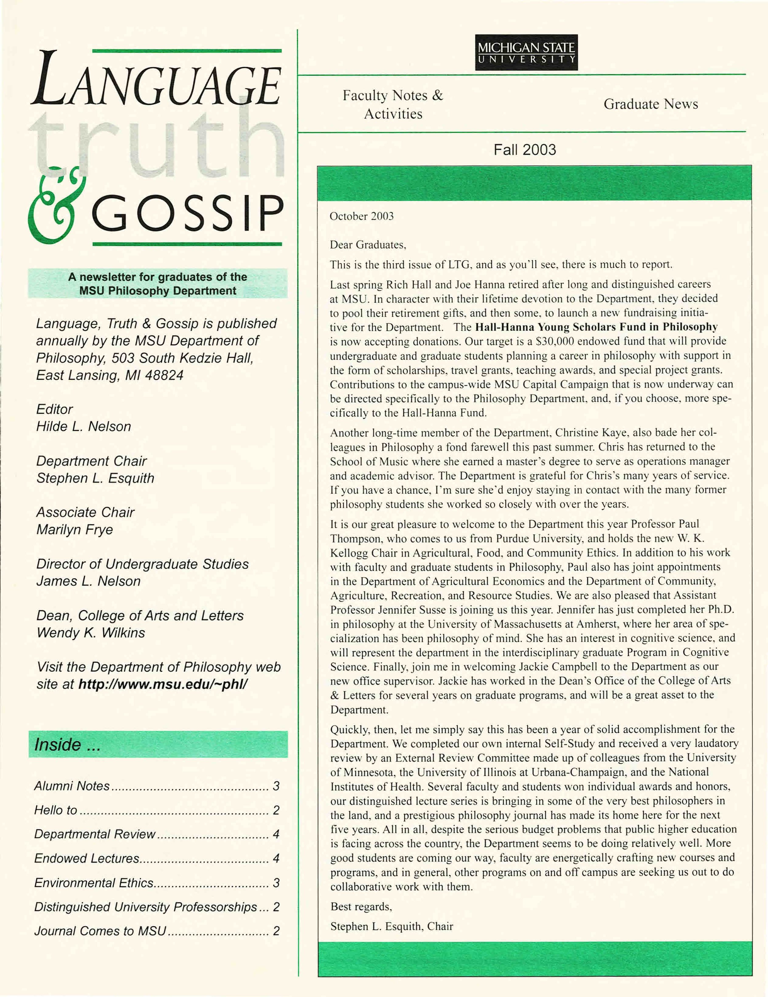 2003 Fall MSU Philosophy Department Newsletter, titled 'Language, Truth & Gossip'.