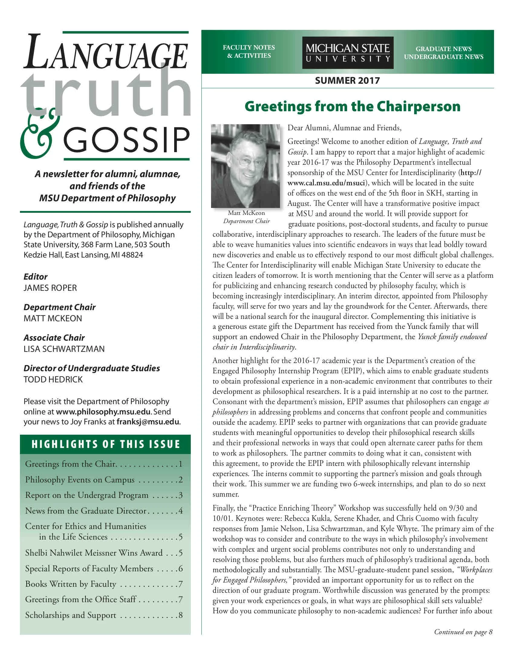 2017 MSU Philosophy Department Newslet titled 'Language, Truth & Gossip'