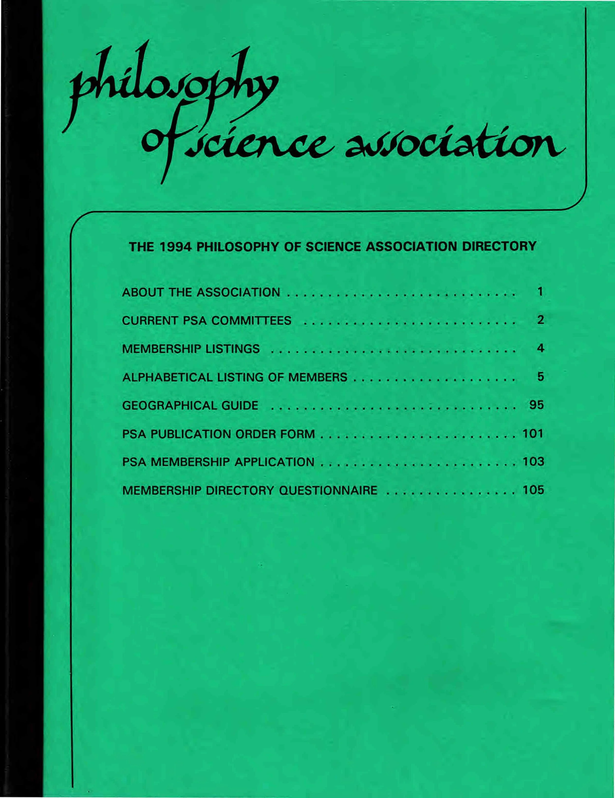 The cover of a green book titled 'Philosophy of Science Association,' containing sections listed with page numbers, including about the association, current PSA committees, membership listings, and other related topics.
