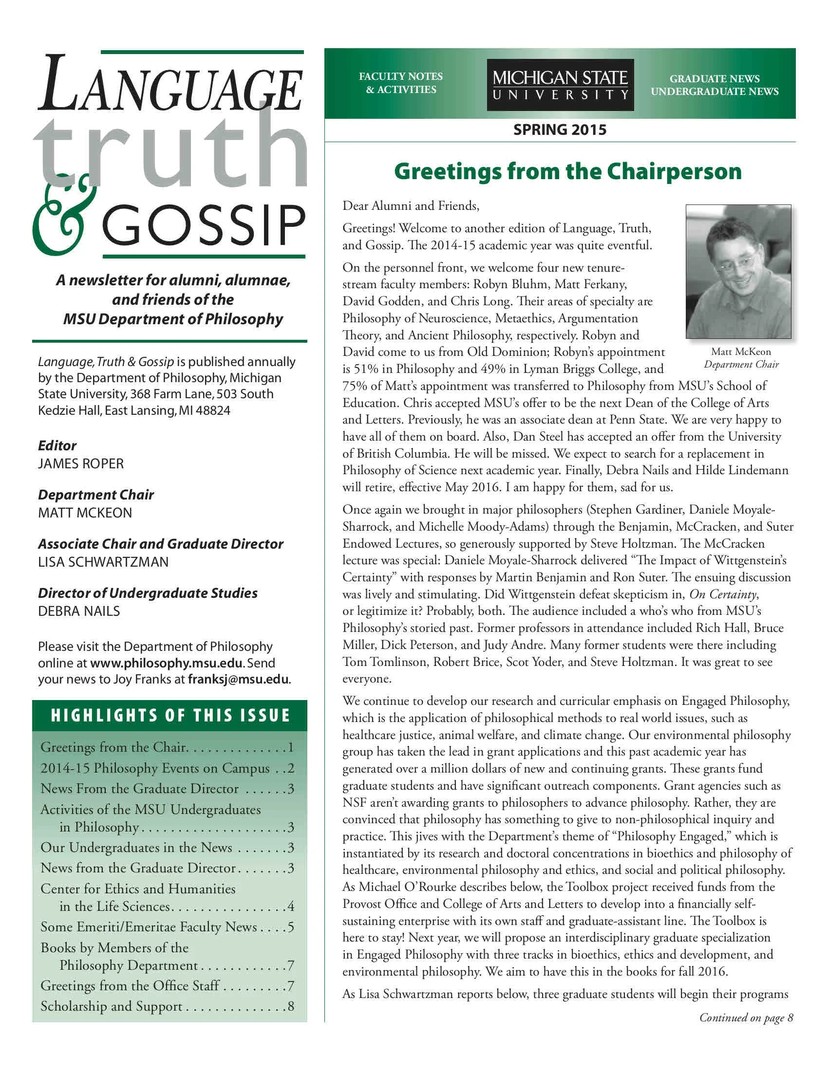 2015 Spring MSU Philosophy Department Newsletter titled 'Language, Truth & Gossip.'