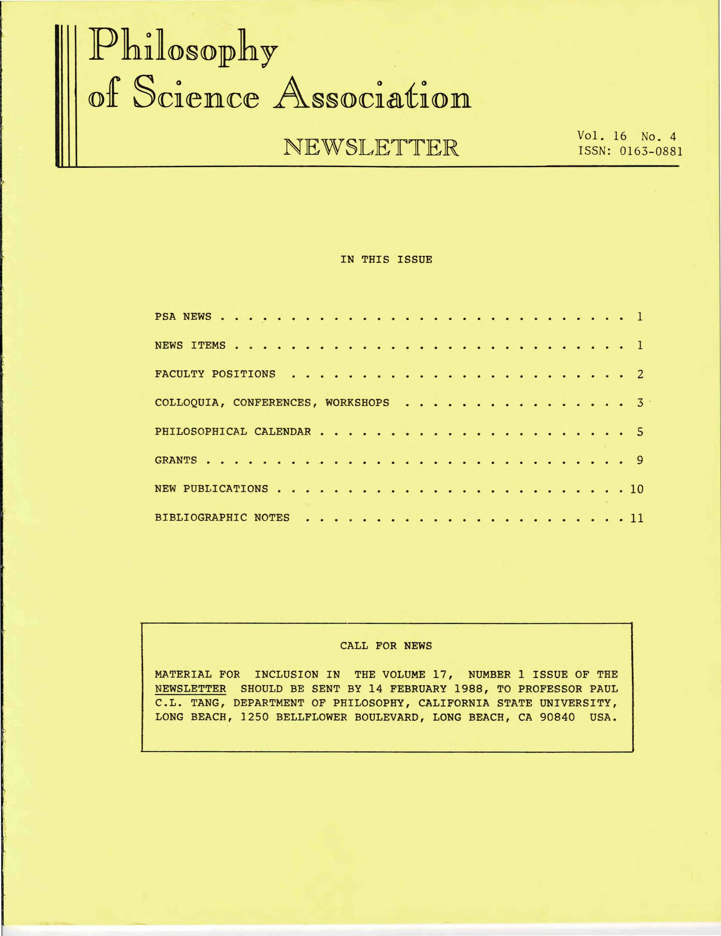 Cover PSA Newsletter Vol.16 No.4 with table of contents and page numbers