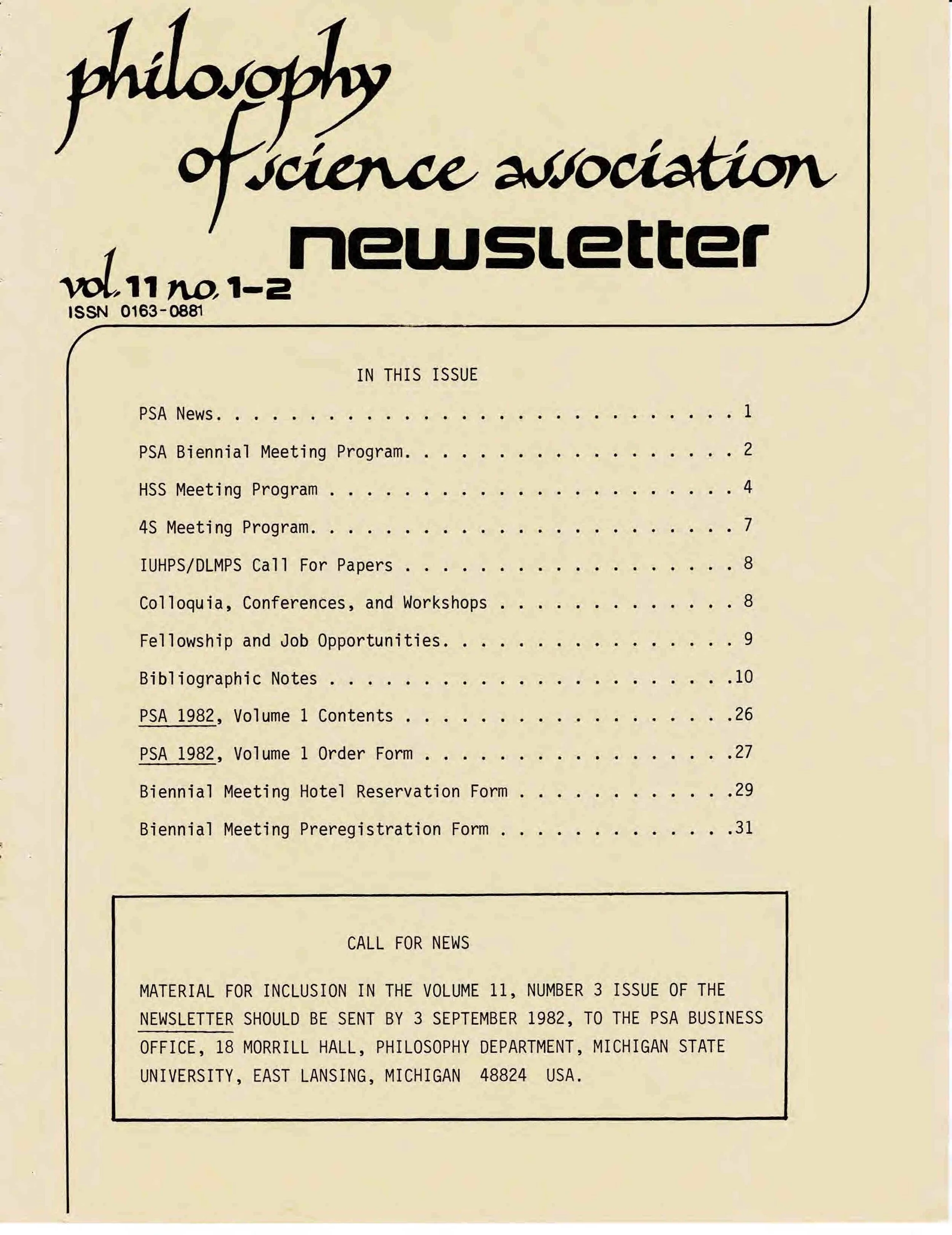 Cover page of 'Philosophy of Science Association Newsletter', volume 11, number 1-2, dated 1982, with a table of contents listing topics and page numbers.
