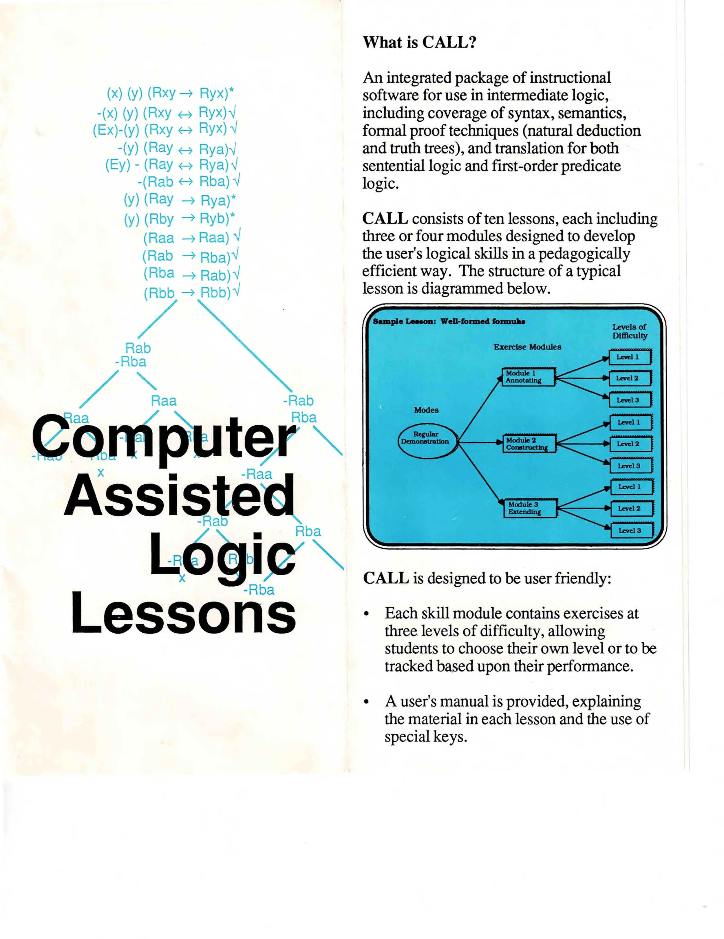 Brochure describing Computer Assisted Logic Lessons (CALL) developed in the Philosophy Department at Michigan State.