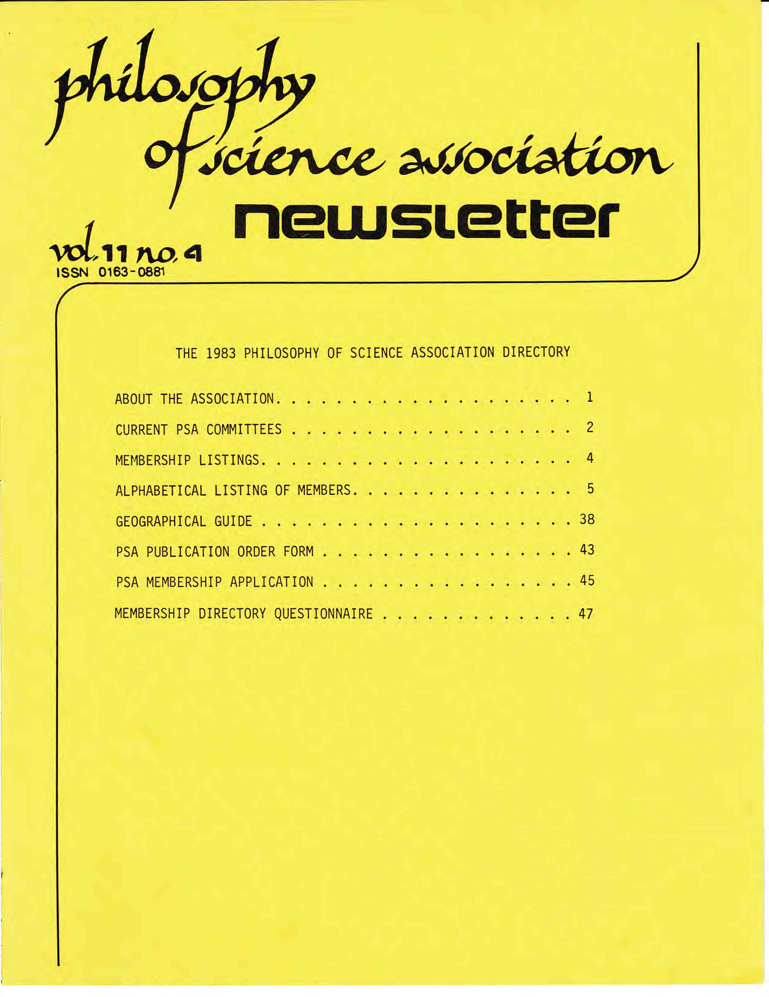 The cover of a newsletter titled 'Philosophy of Science Association Newsletter' from 1983, with a yellow background and a list of contents.