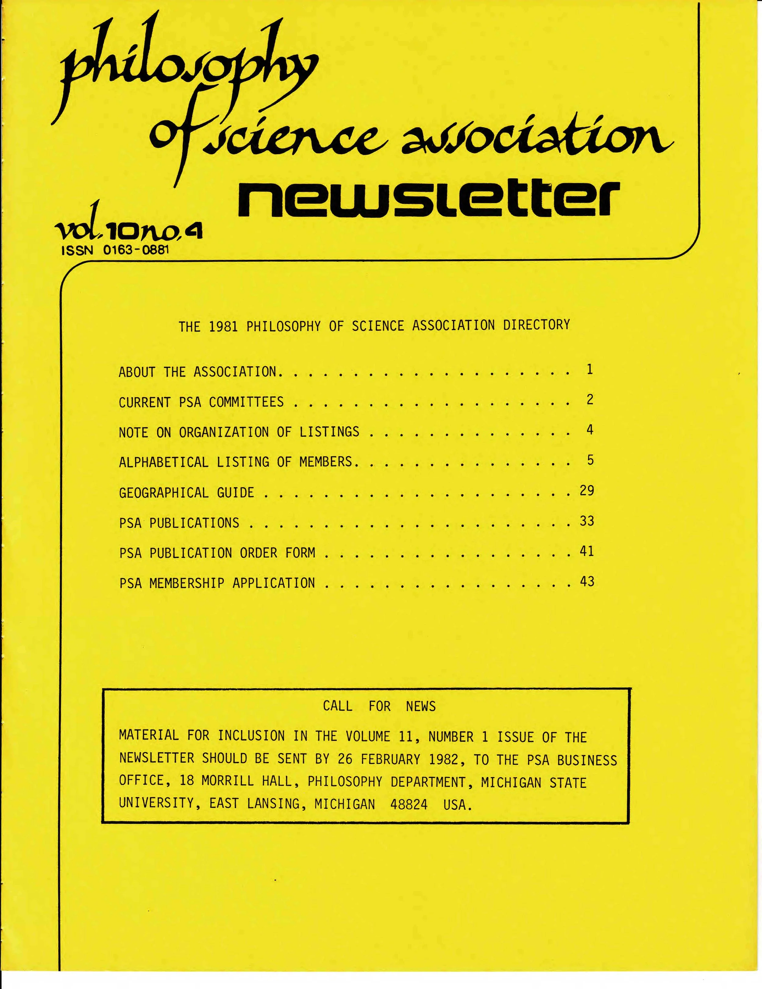 A yellow newsletter cover titled "Philosophy of Science Association Newsletter", volume 10, number 4, from 1981. It includes sections like about the association, current PSA committees, and organization of listings, along with a call for news and instructions for material submission.