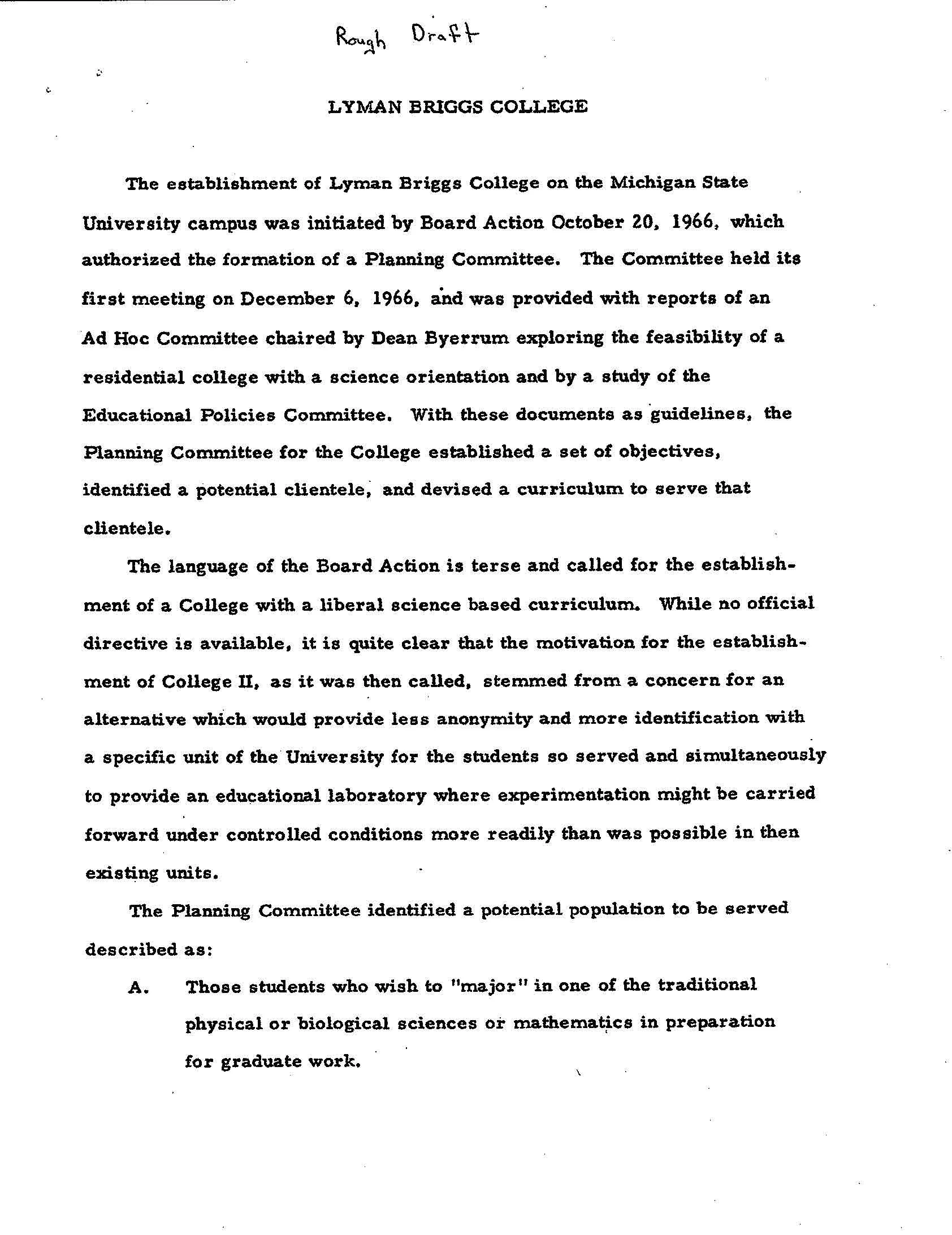 A scanned page showing a typewritten document titled 'Rough Draft' with the subtitle 'Lyman Briggs College'. The document discusses the establishment and planning of Lyman Briggs College at Michigan State University in 1966, detailing the formation of a Planning Committee and its objectives.